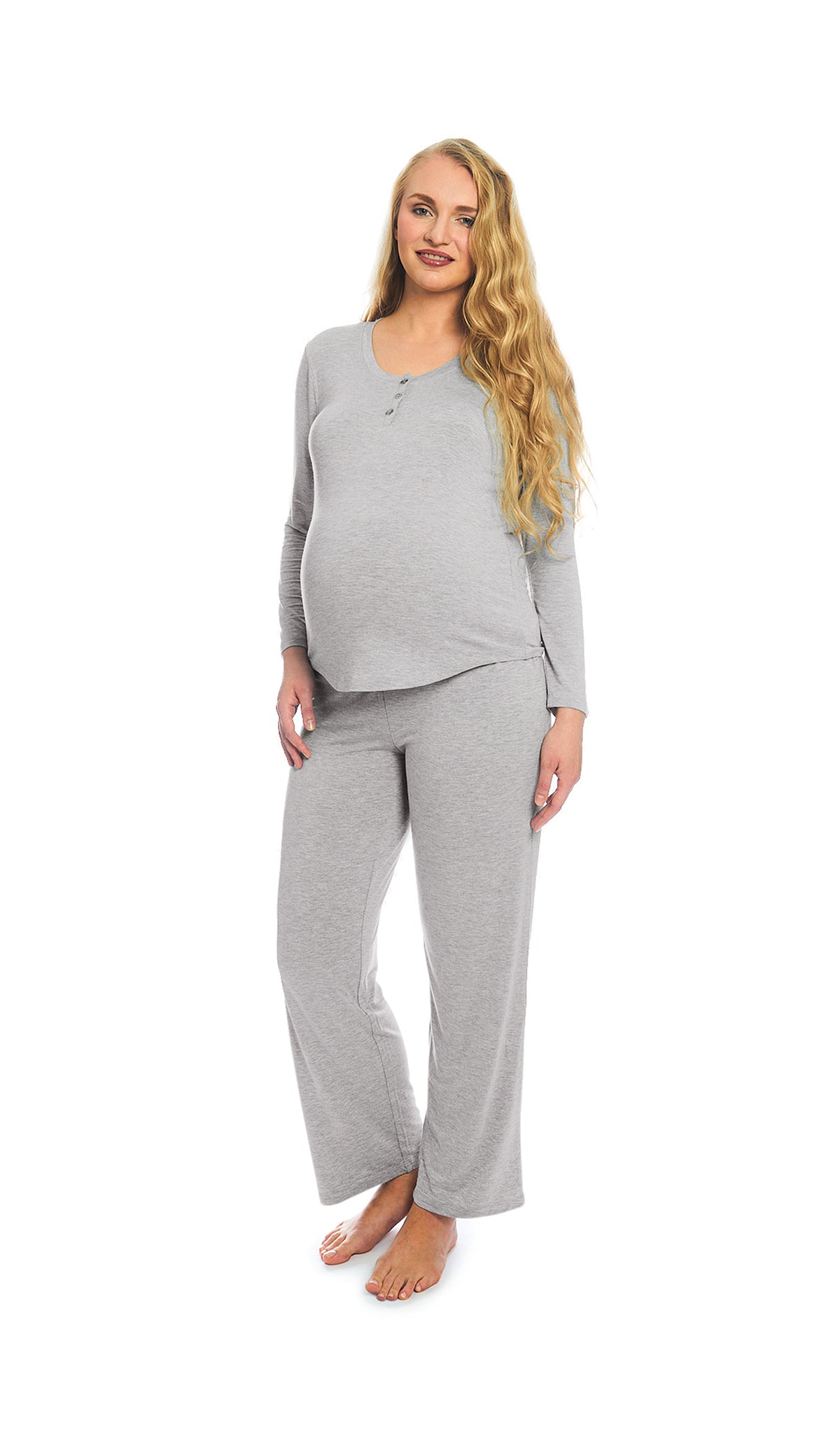 Heather Grey Solid Laina 2-Piece Set. Pregnant woman wearing button front placket long sleeve top and pant.