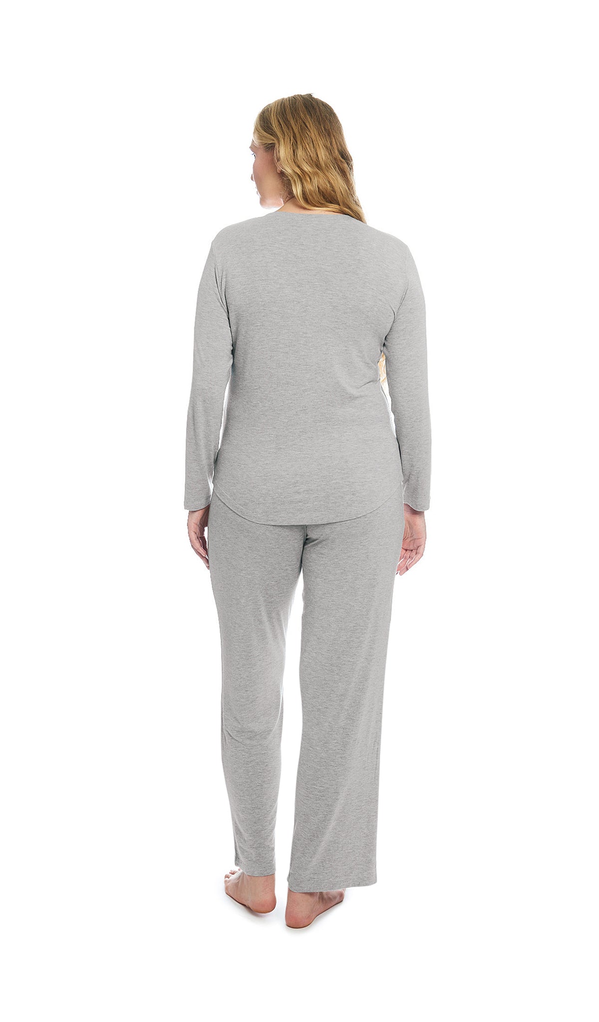 Heather Grey Solid Laina 2-Piece Set. Back shot of woman wearing long sleeve top and pant.