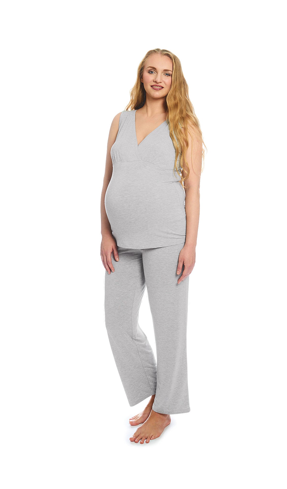 Heather Grey Solid Analise 3-Piece Set, pregnant woman wearing criss-cross bust tank top and pant.