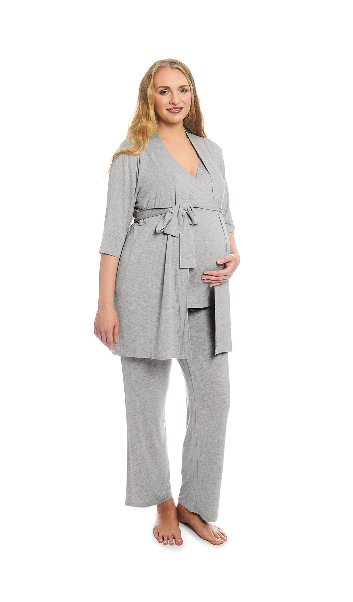 Heather Grey Solid Analise 3-Piece Set. Pregnant woman wearing 3/4 sleeve robe, tank top and pant, with one hand holding belly.