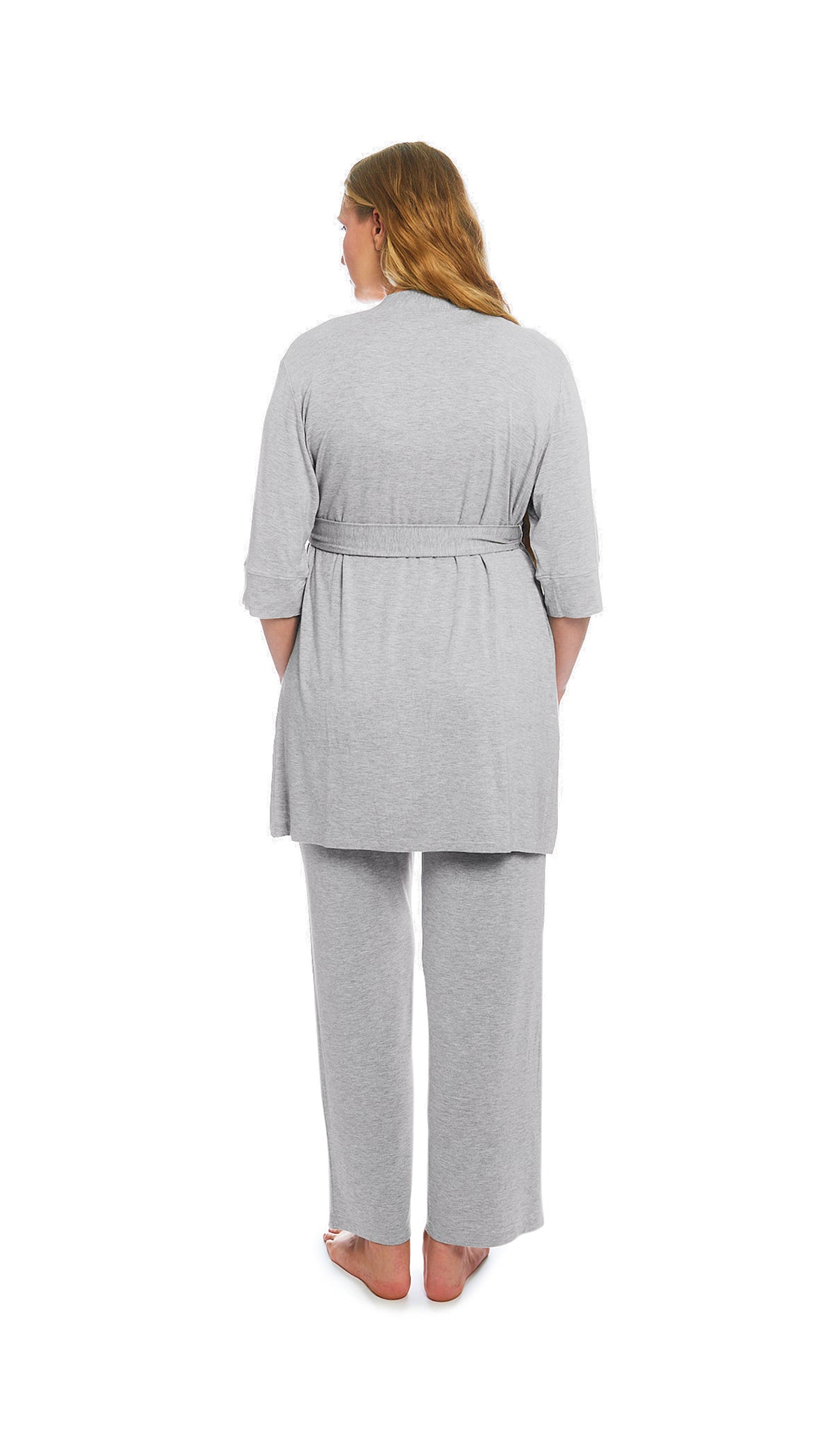 Heather Grey Solid Analise 3-Piece Set, back shot of woman wearing robe and pant.