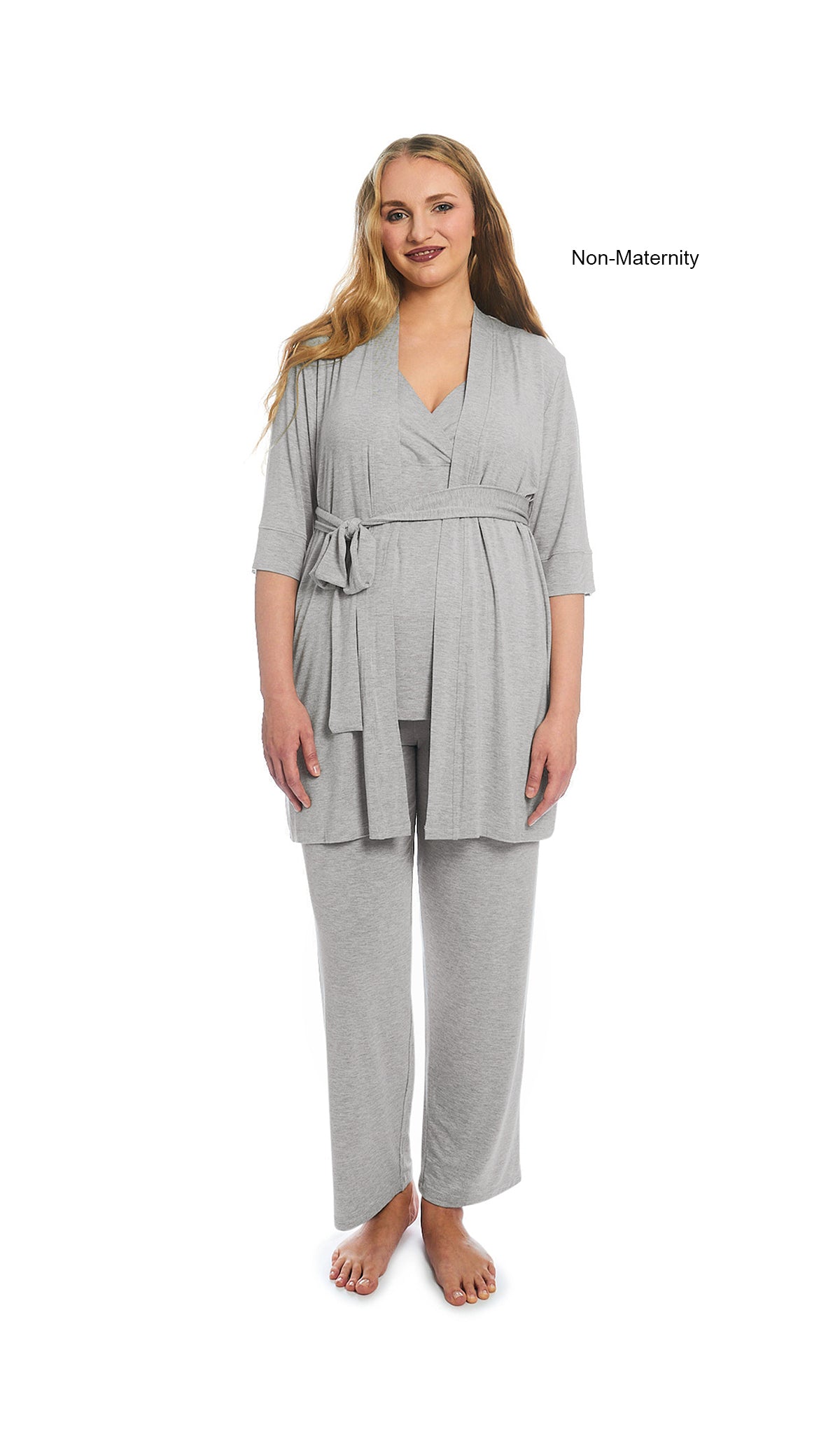 Heather Grey Solid Analise 3-Piece Set. Woman wearing 3/4 sleeve robe, tank top and pant as non-maternity.