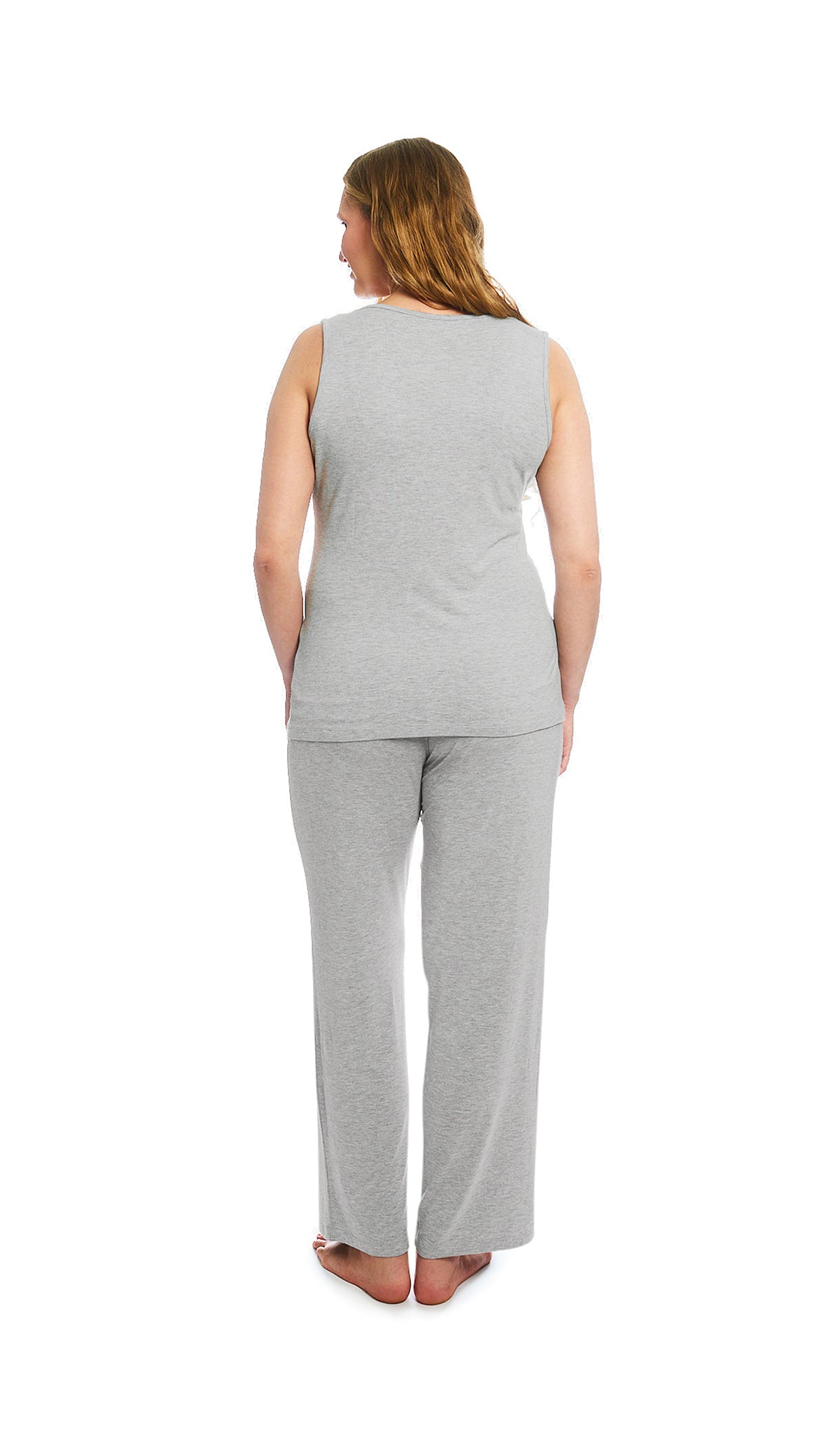 Heather Grey Solid Analise 3-Piece Set, back shot of woman wearing tank top and pant.