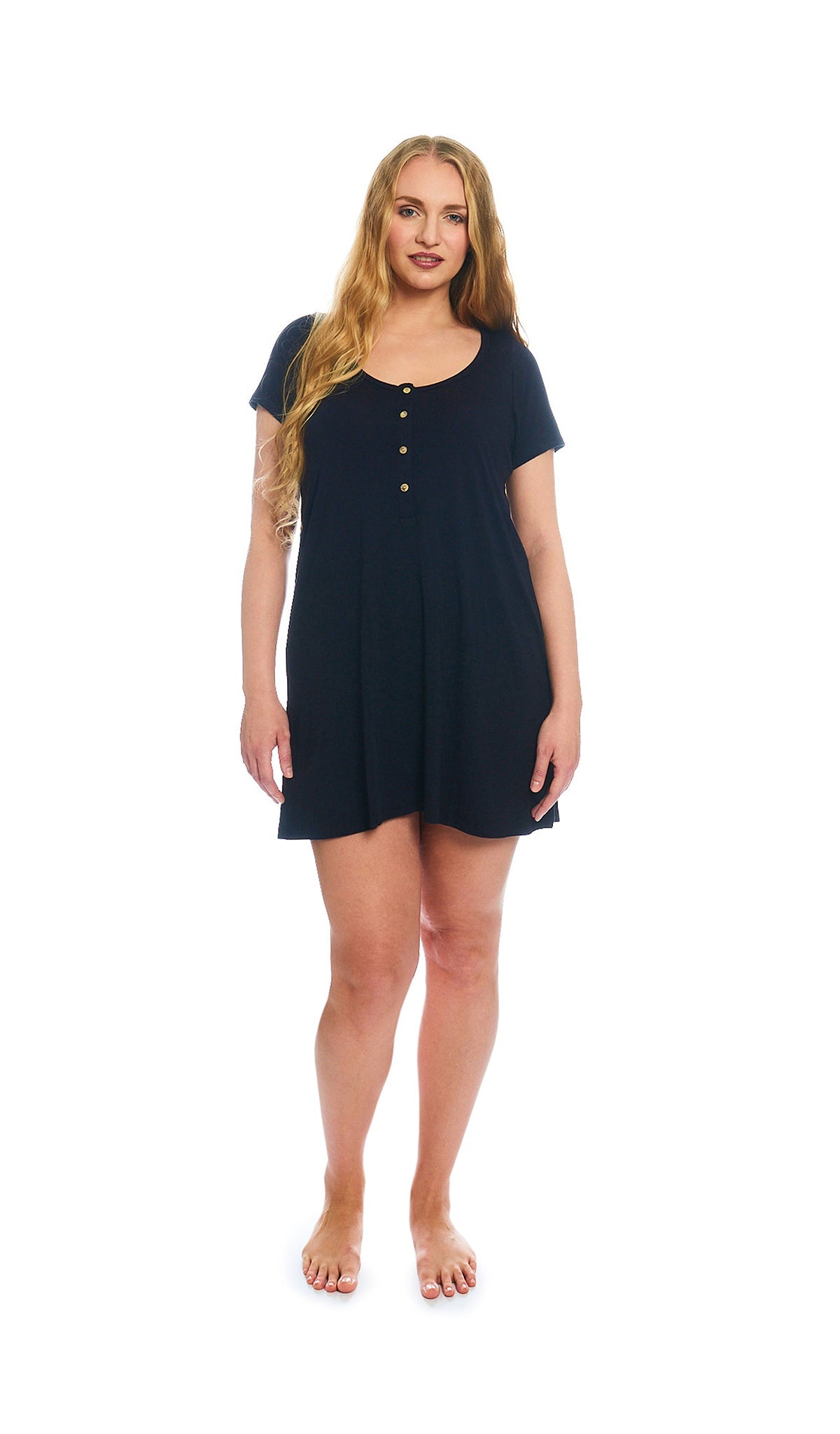 Twinkle Night Carolyn 2-Piece Set, woman wearing short sleeve button front placket nightgown as non-maternity style.