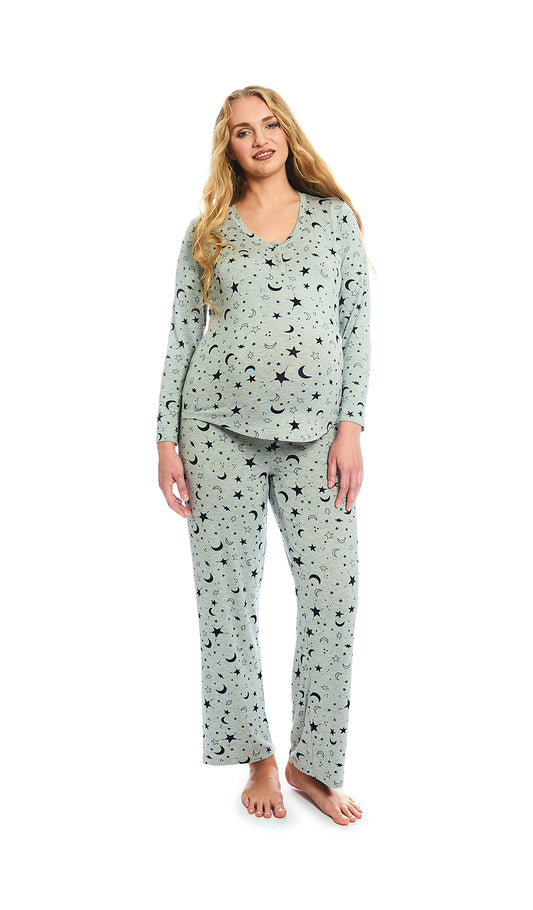 Twinkle Night Laina 2-Piece Set. Pregnant woman wearing button front placket long sleeve top and pant.