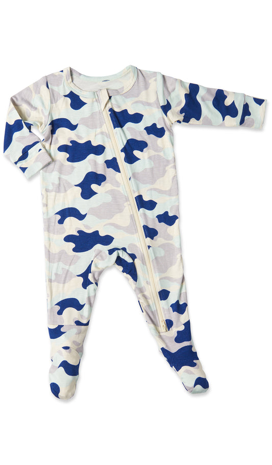Camo Footie with long sleeves and zip front.