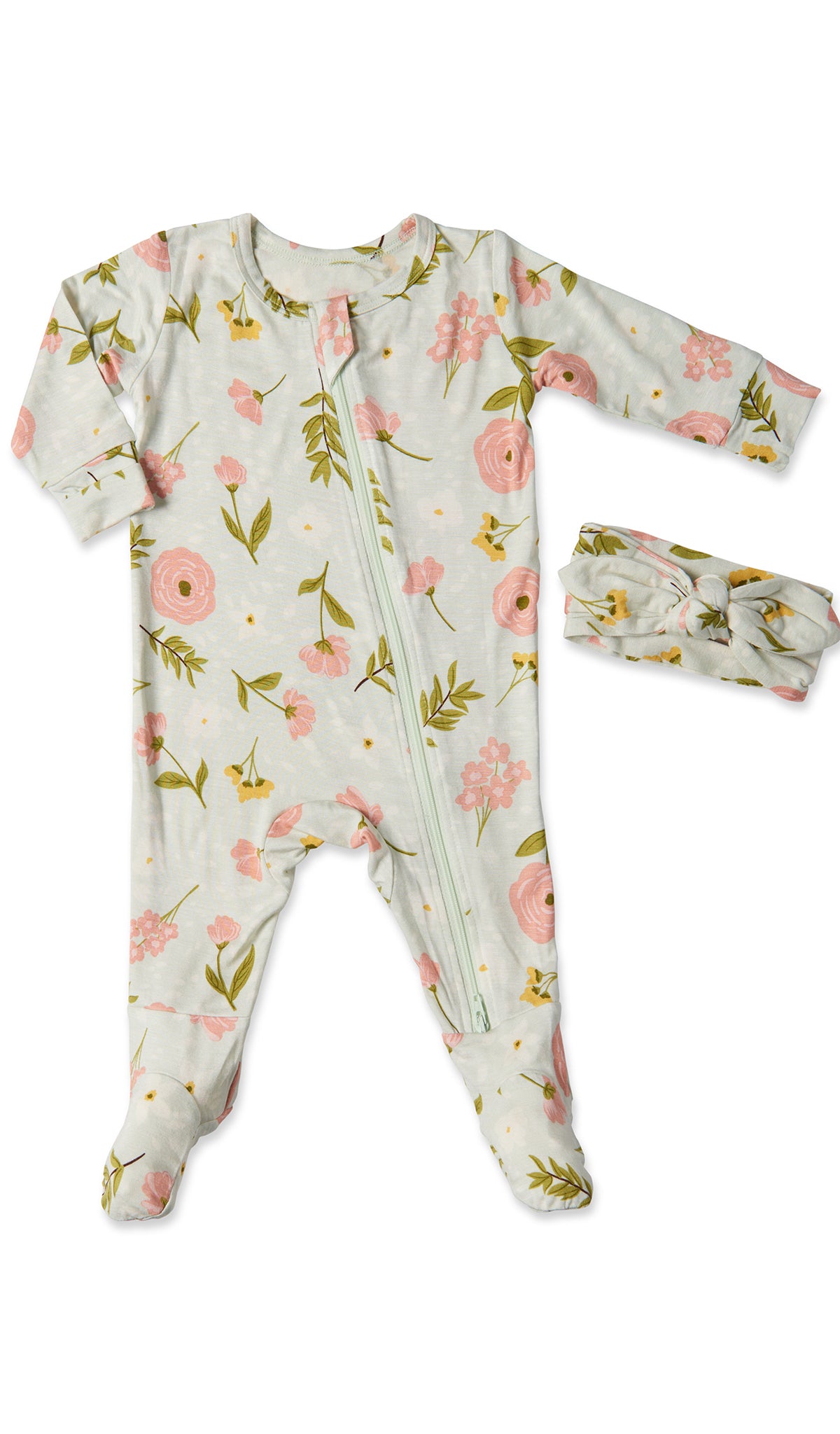Carnation Footie 2-Piece Set. Flat shot of zip front footie for baby with matching headwrap tied into a tie-knot bow.