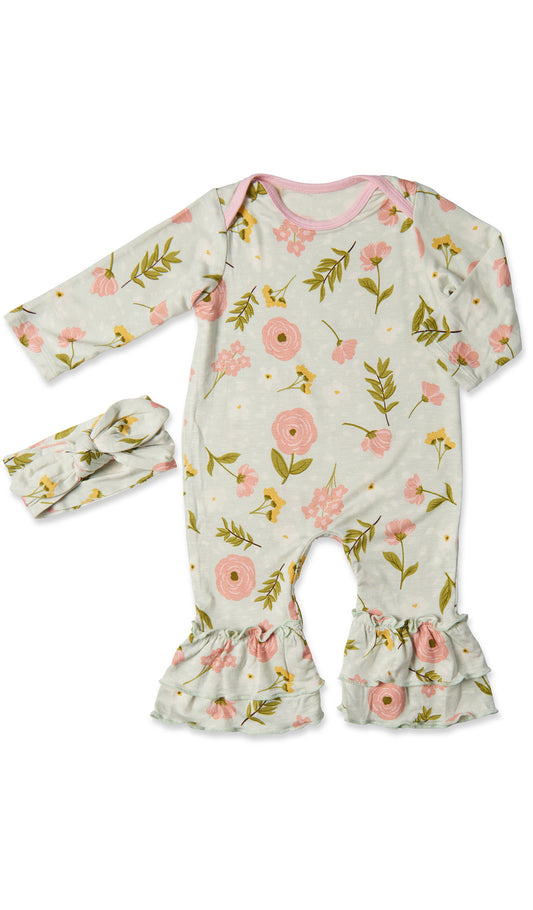 Carnation Ruffle Romper 2-Piece. Flat shot of long sleeve romper with ruffles on legs and matching headwrap.