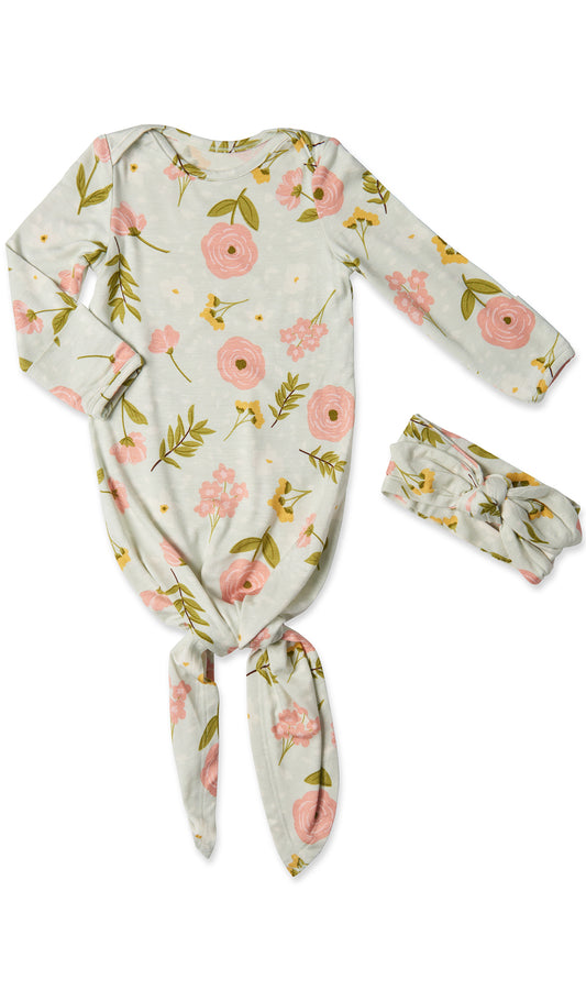 Carnation Knotted Gown 2-Piece flat shot showing long sleeve baby gown with hem tied into a tie-knot bow and matching headwrap.