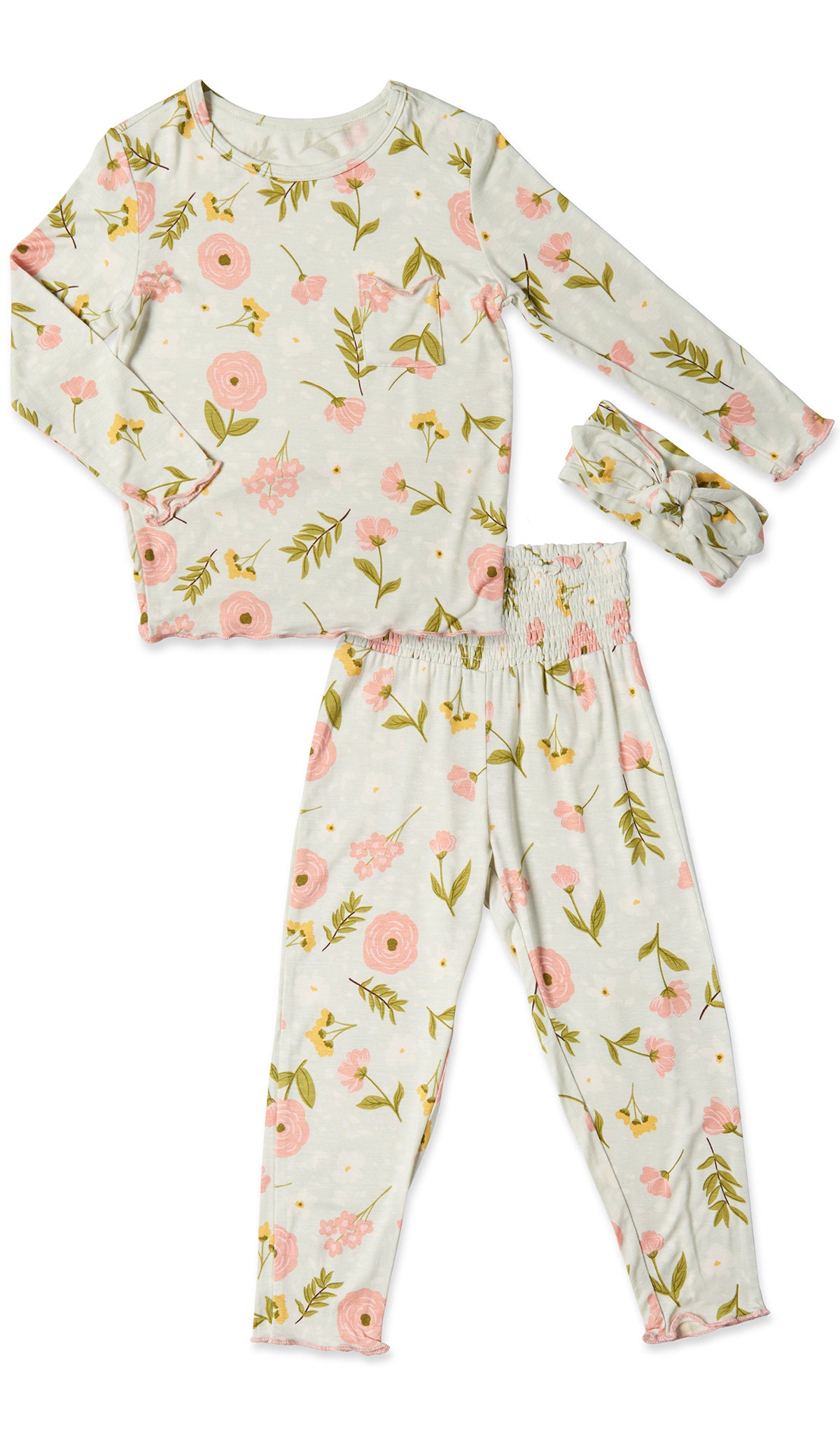 Carnation Charlie Kids 3-Piece Pant PJ. Long sleeve top with smocked waistband pant and matching headwrap. Lettuce trim detail on sleeve edge, top and pant hem.