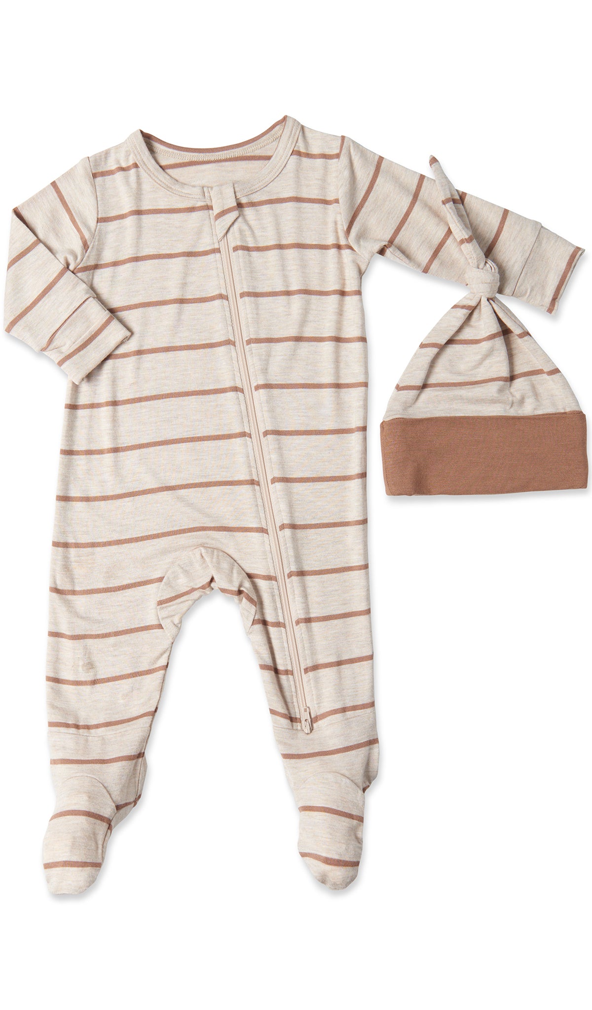 Mocha Stripe Footie 2-Piece with long sleeves, zip front and matching knotted baby hat.
