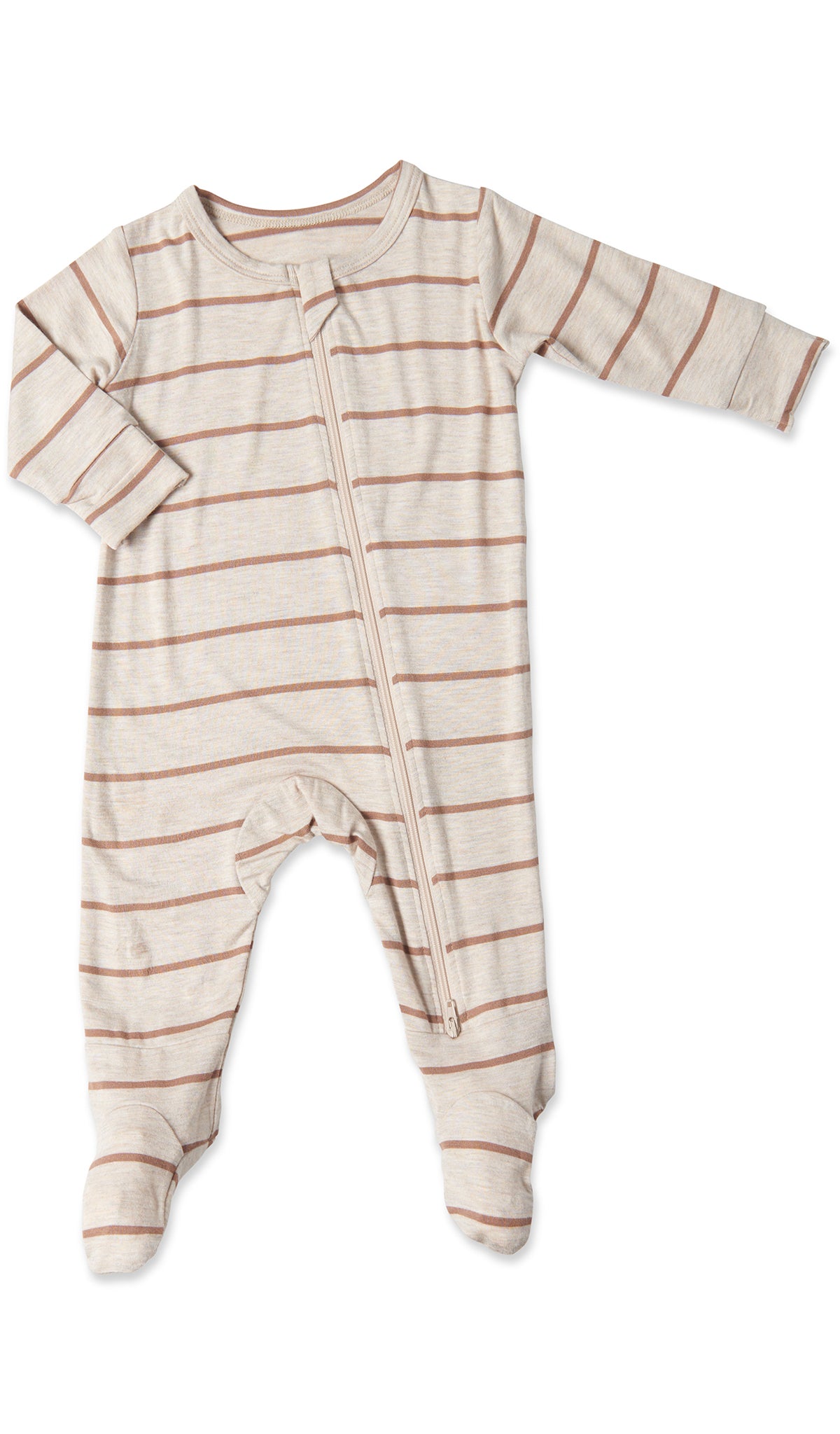 Mocha Stripe Footie with long sleeves and zip front.