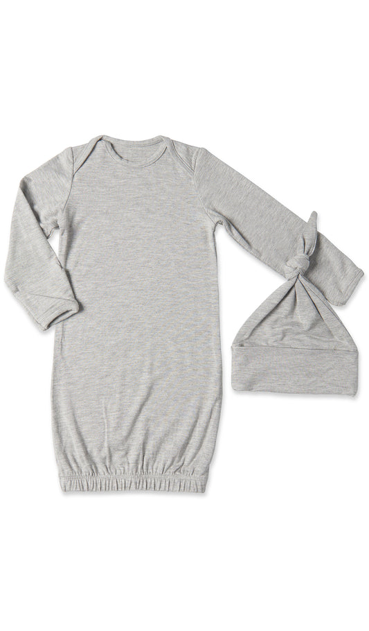 Heather Grey Solid Gown 2-Piece with long sleeve baby gown and matching knotted hat.
