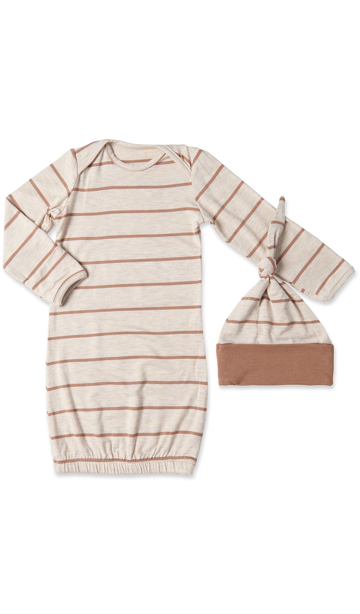 Mocha Stripe Carolyn 4-Piece Set, gown and knotted hat for baby.