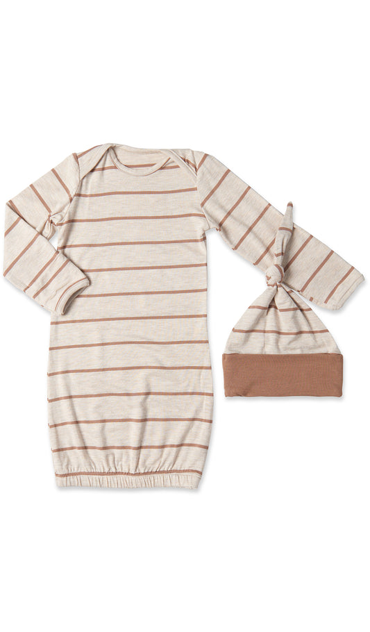Mocha Stripe Gown 2-Piece with long sleeve baby gown and matching knotted hat.