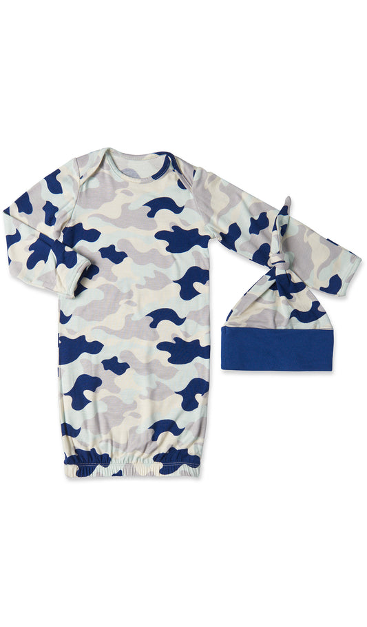 Camo Gown 2-Piece with long sleeve baby gown and matching knotted hat.