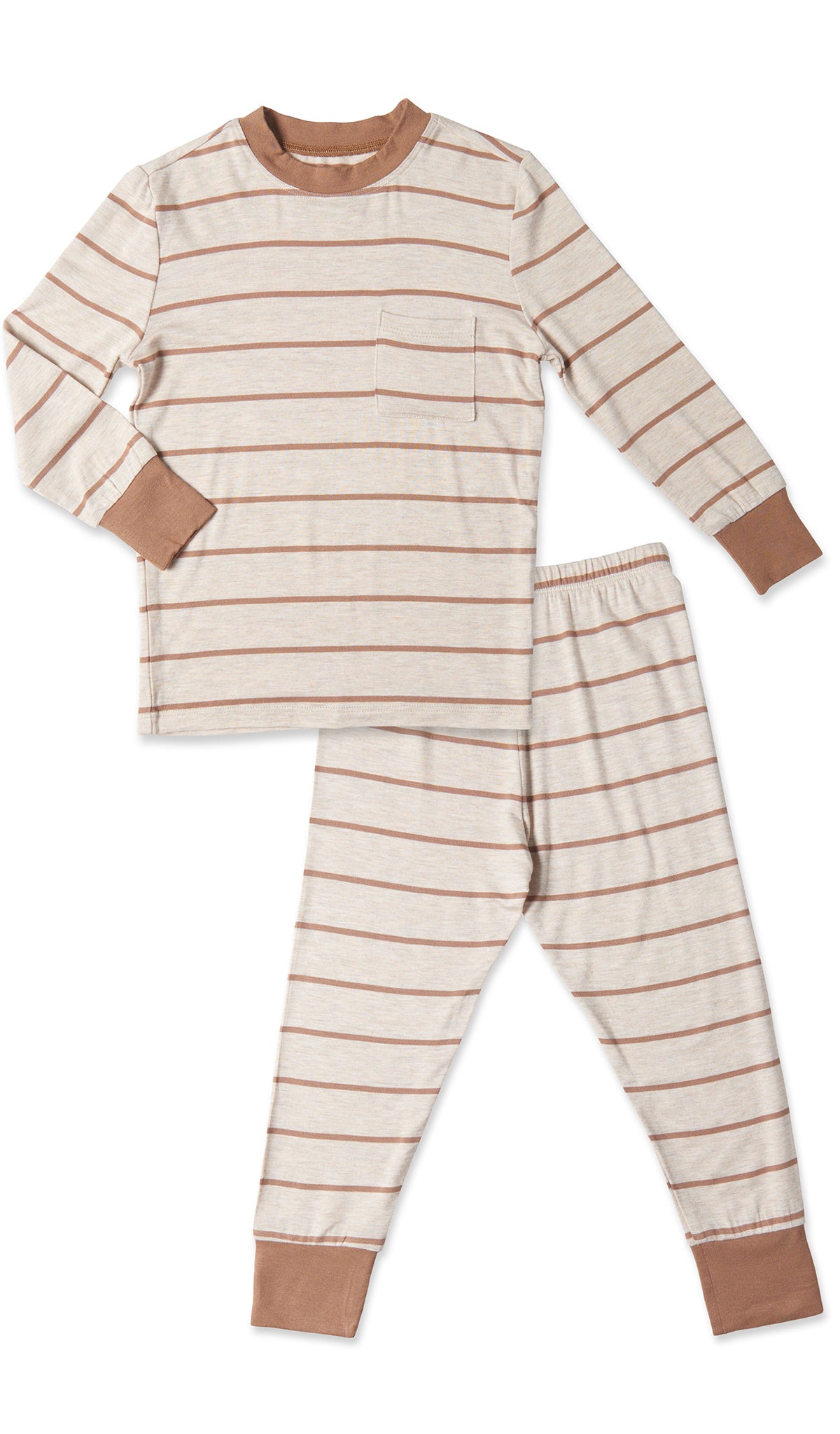 Mocha Stripe Emerson Kids 2-Piece Pant PJ. Long sleeve top with cuff trim and long pant with cuff trim.