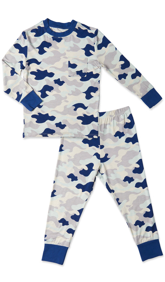 Camo Emerson Baby 2-Piece Pant PJ. Long sleeve top with cuff trim and long pant with cuff trim.