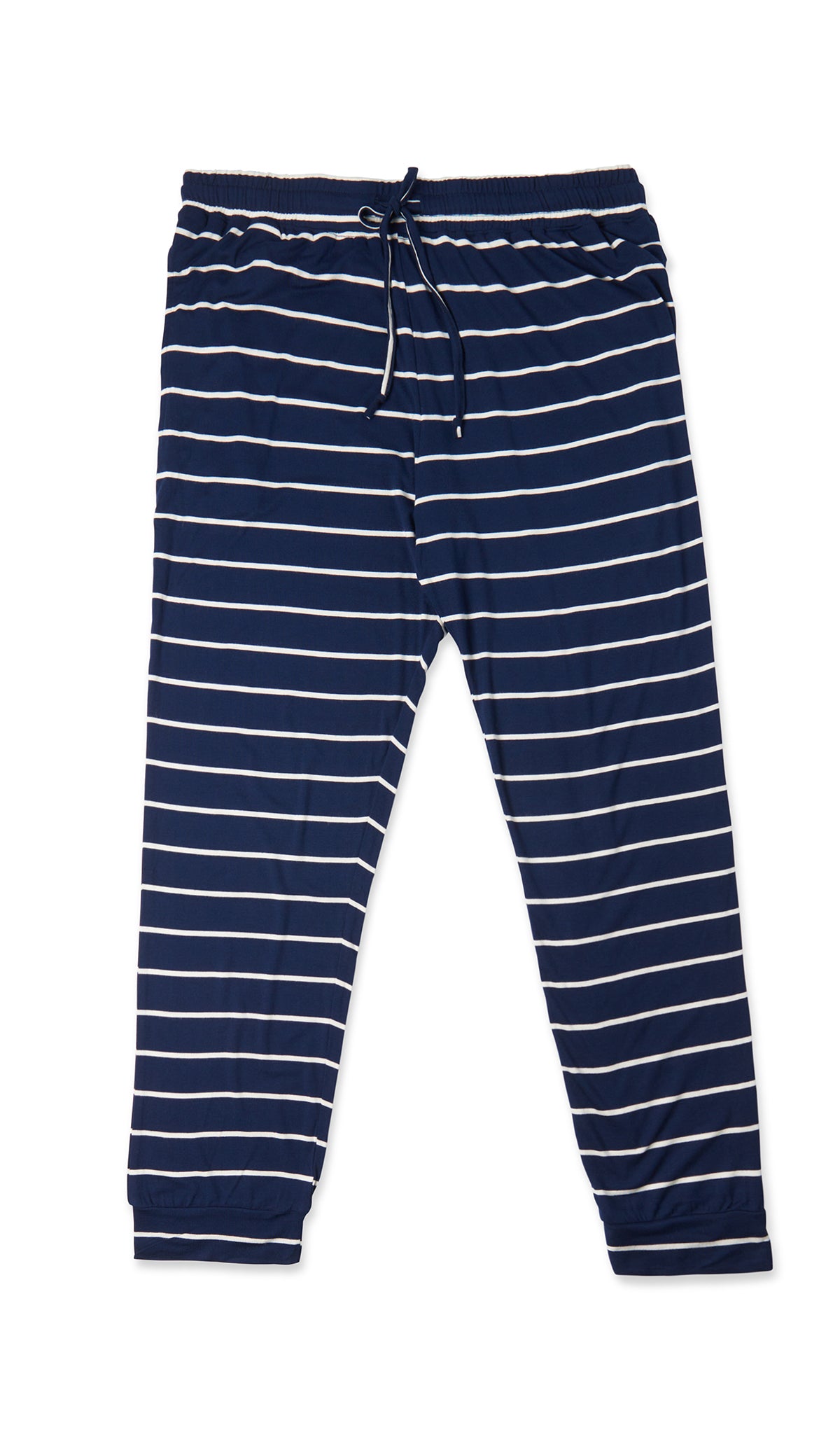 Navy Stripe Oliver Mens pants with elastic drawstring waist and cuff hem.