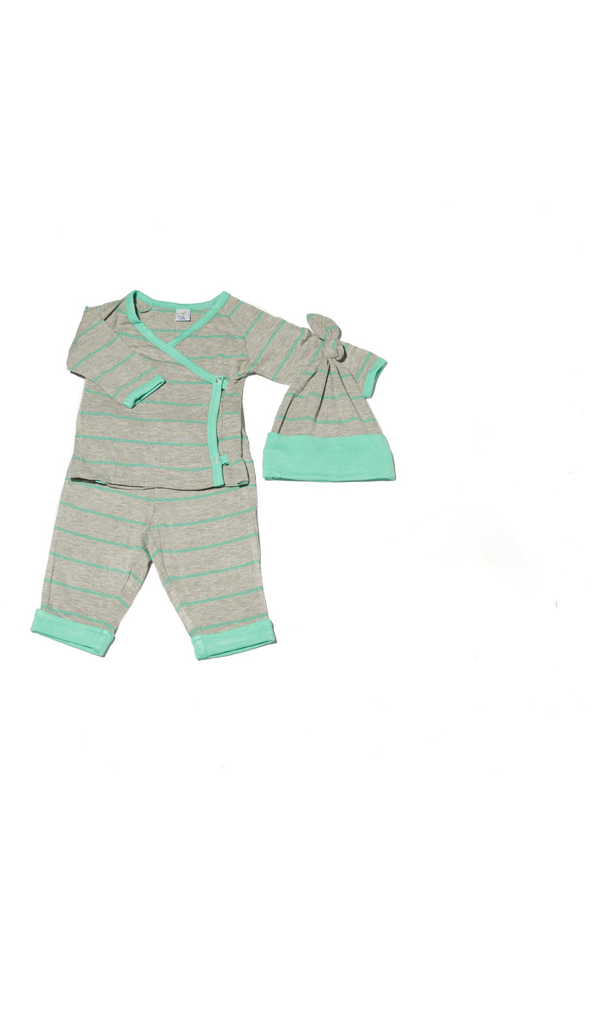 Baby's Take-Me-Home 3 Piece Sea Foam flat shot showing long sleeve kimono, cuffed pant and knotted baby hat.