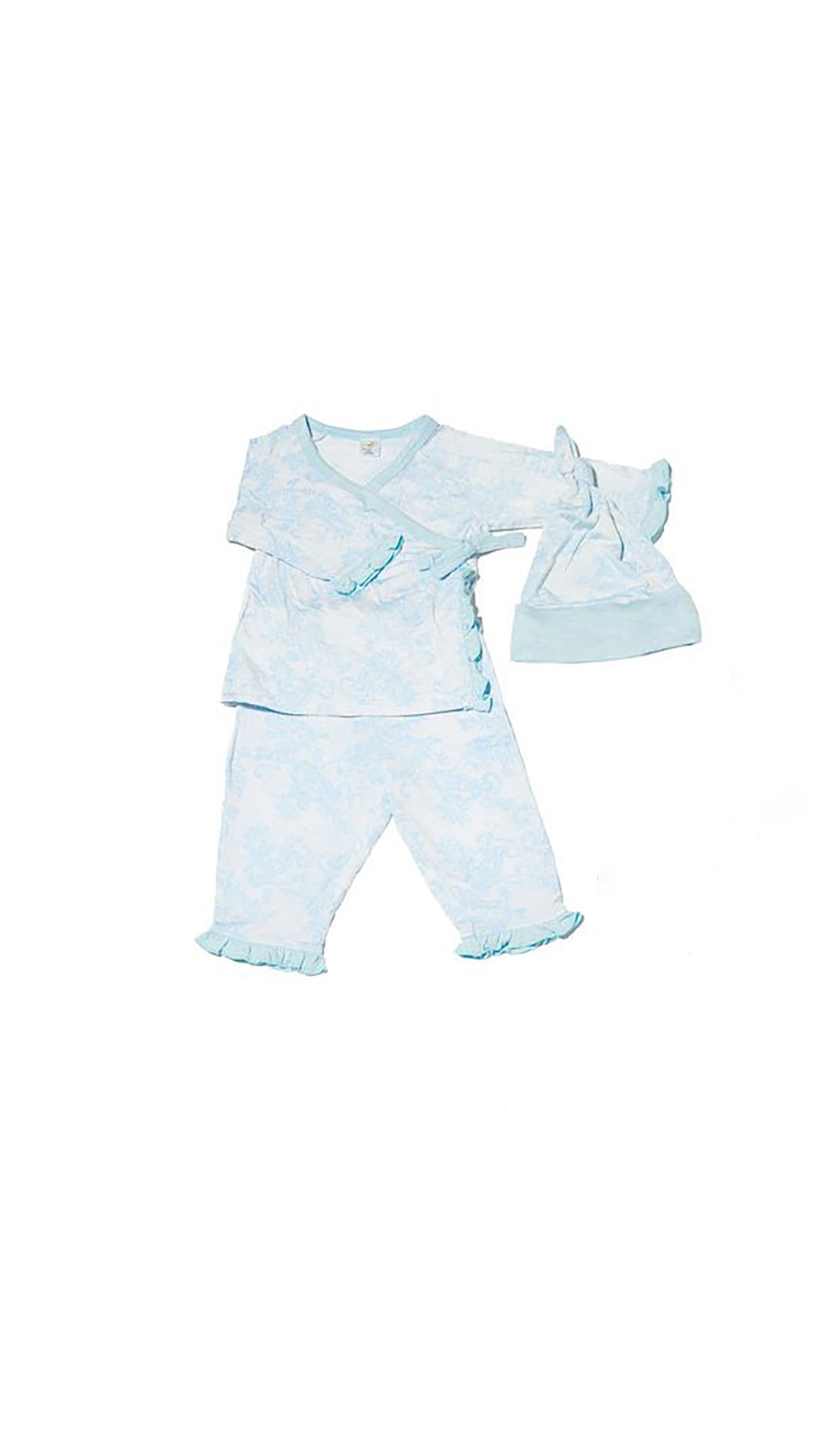 Blue Chantilly Baby's Ruffle Take-Me-Home 3 Piece set flat shot showing long sleeve kimono top and pant with ruffle trim, and matching knotted baby hat.