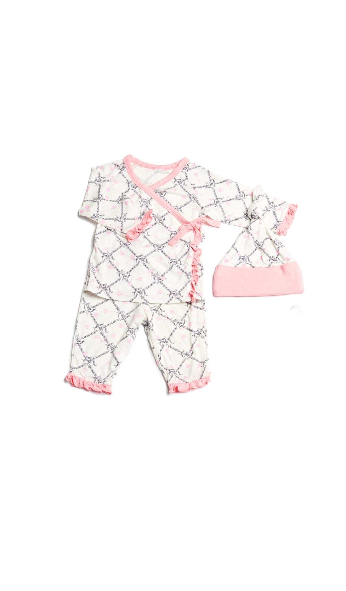Duchess Baby's Ruffle Take-Me-Home 3 Piece set flat shot showing long sleeve kimono top and pant with ruffle trim, and matching knotted baby hat.
