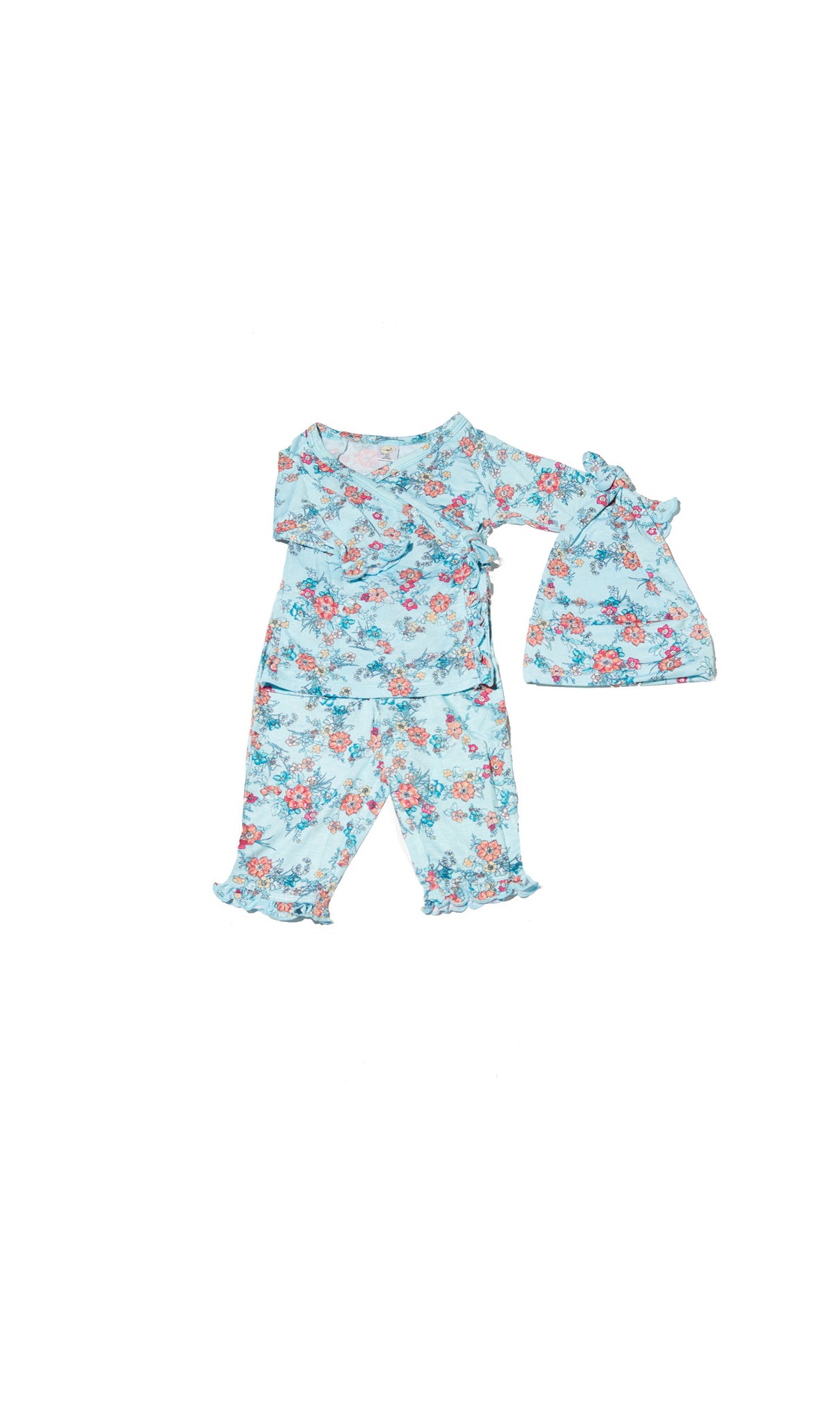 Azure Mist Baby's Ruffle Take-Me-Home 3 Piece set flat shot showing long sleeve kimono top and pant with ruffle trim, and matching knotted baby hat. 