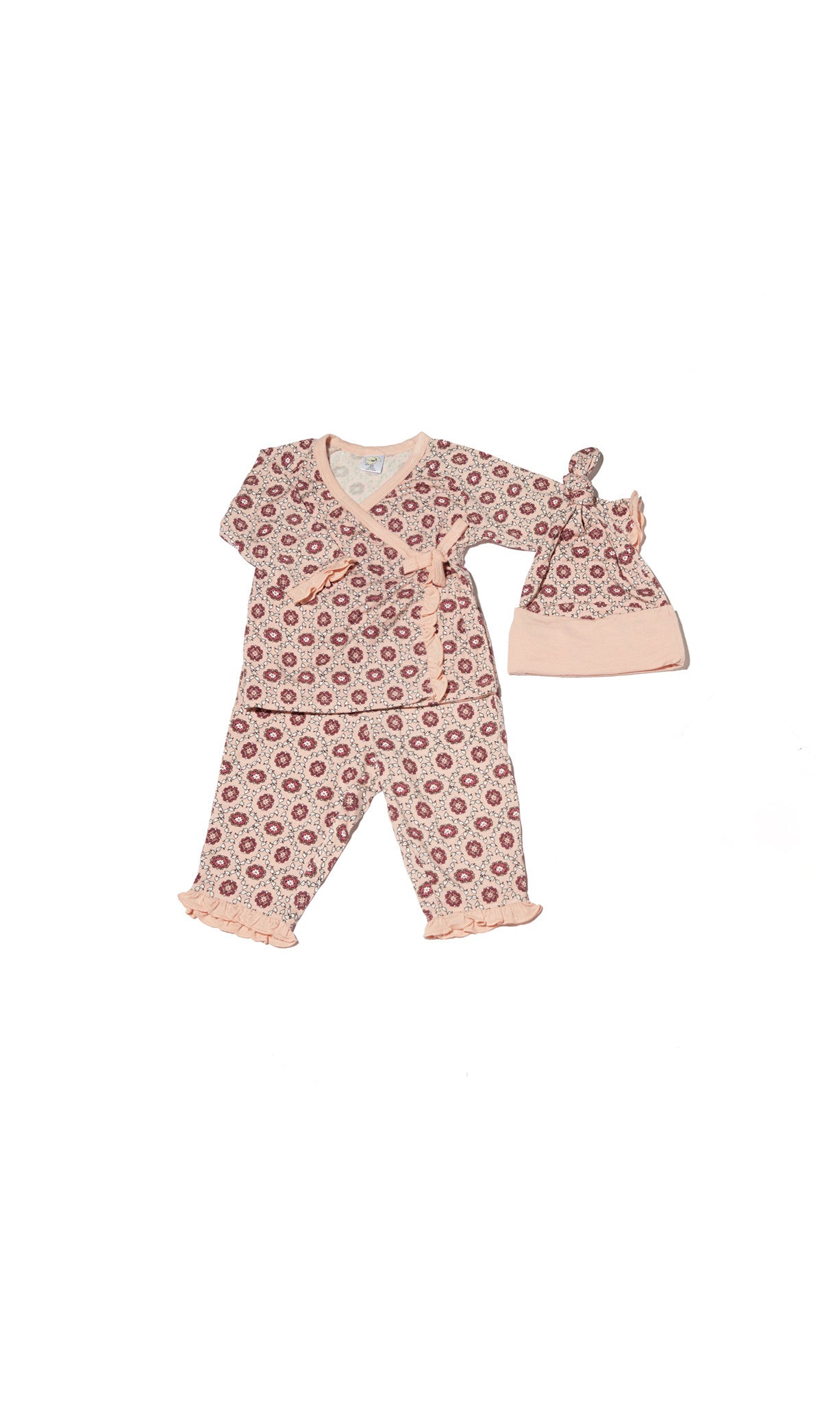Baby's Ruffle Take-Me-Home 3 Piece - Pink Blush flat shot of ruffled kimono top, ruffled pant and matching knotted baby hat.