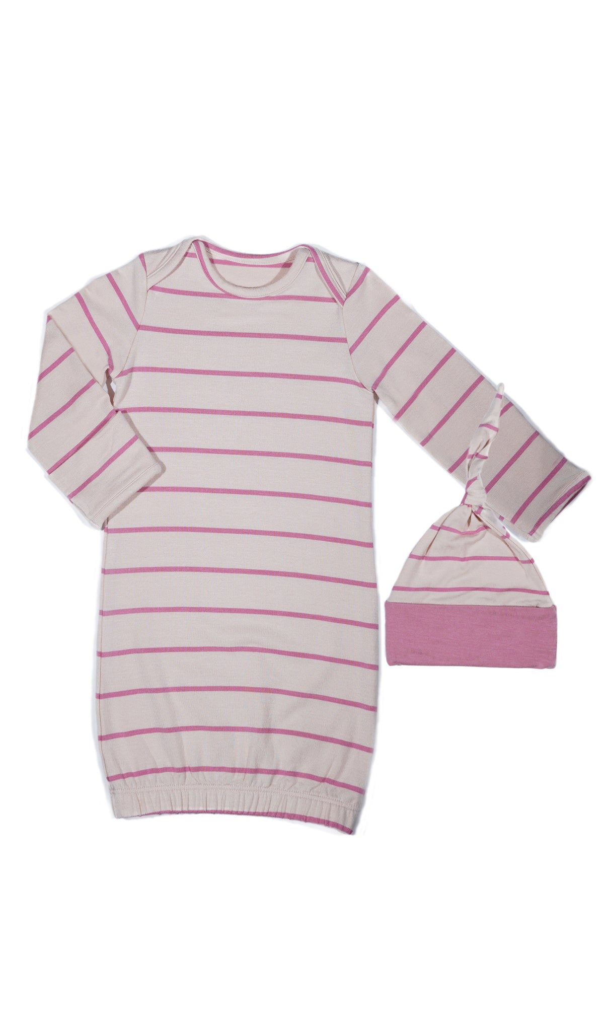 Pink Stripe Analise 5-Piece Set, gown and knotted hat for baby.