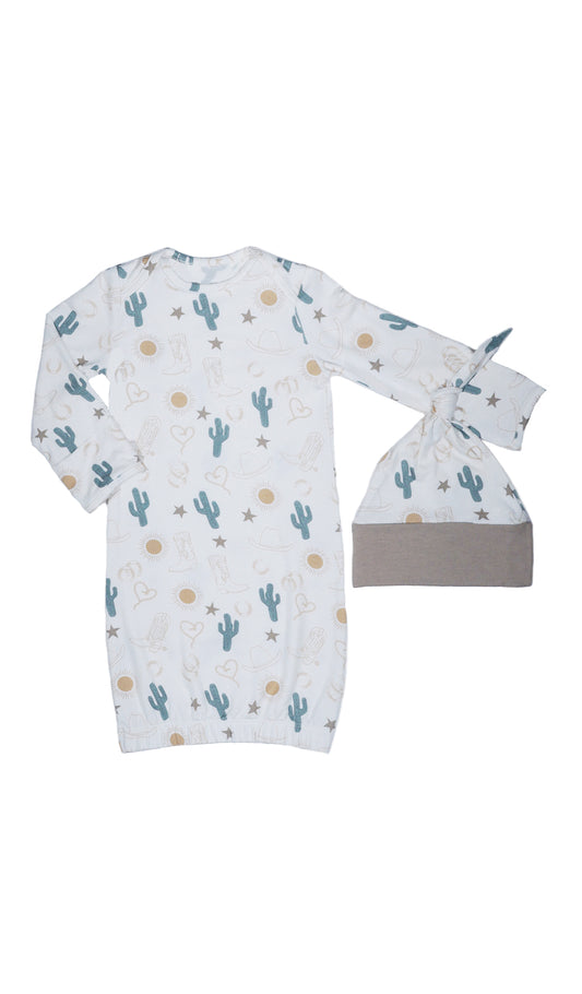 Rodeo 2-Piece with long sleeve baby gown and matching knotted hat.