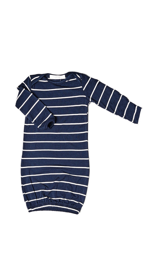 Baby Gown Navy flat shot of striped baby gown with elastic hem.