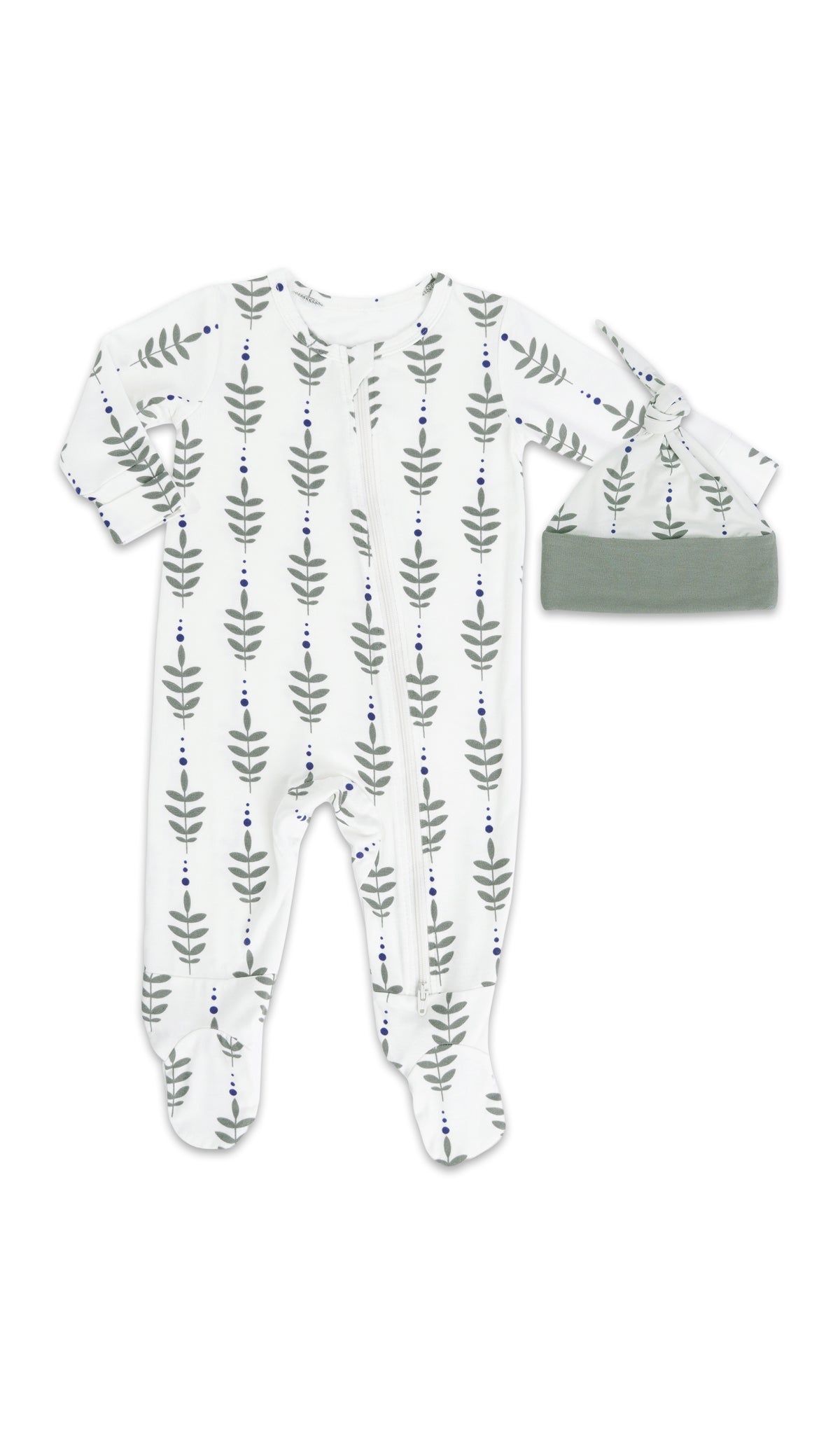 Eucalyptus Footie 2-Piece with long sleeves, zip front and matching knotted baby hat.