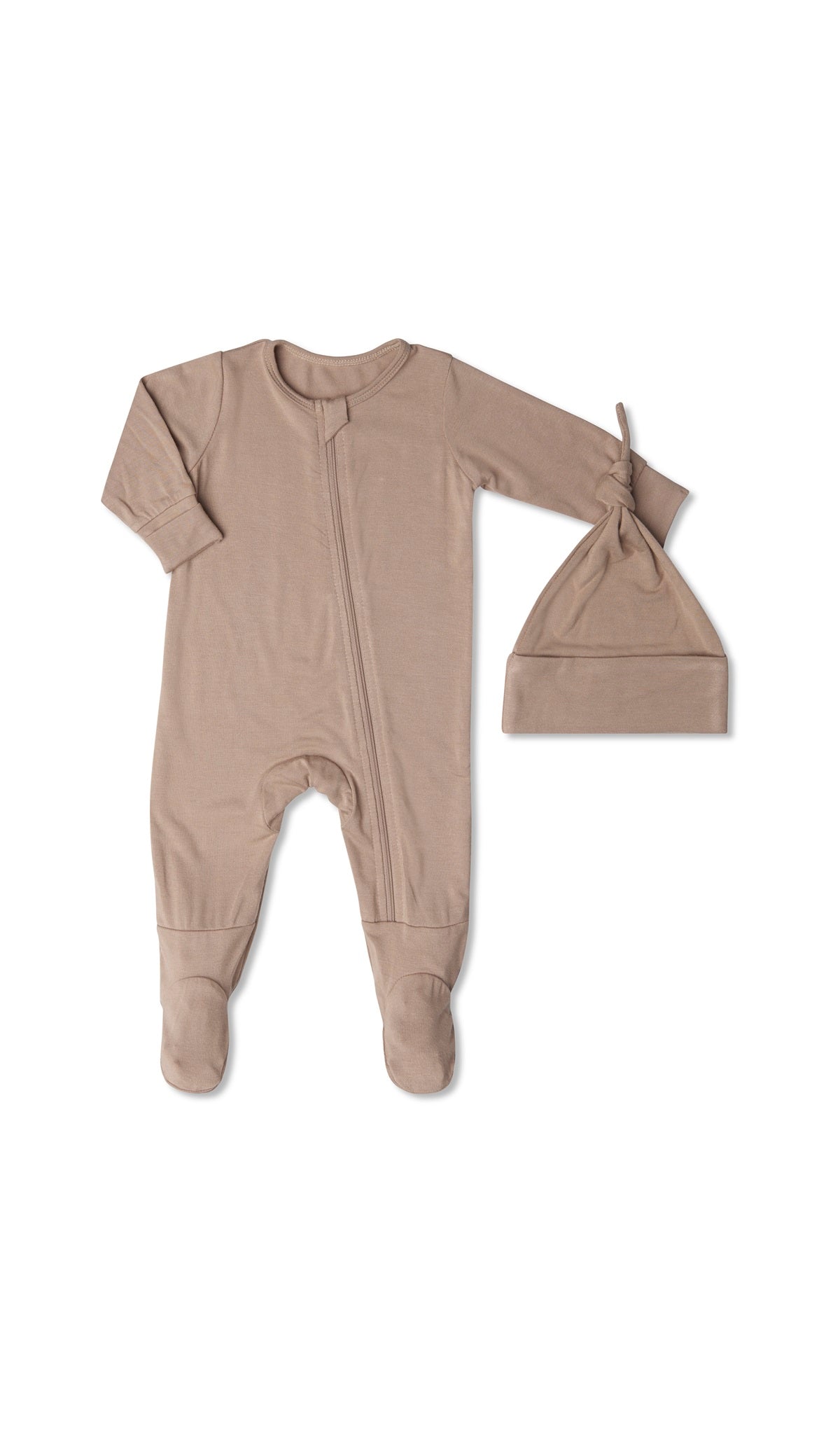 Latte Footie 2-Piece with long sleeves, zip front and matching knotted baby hat.