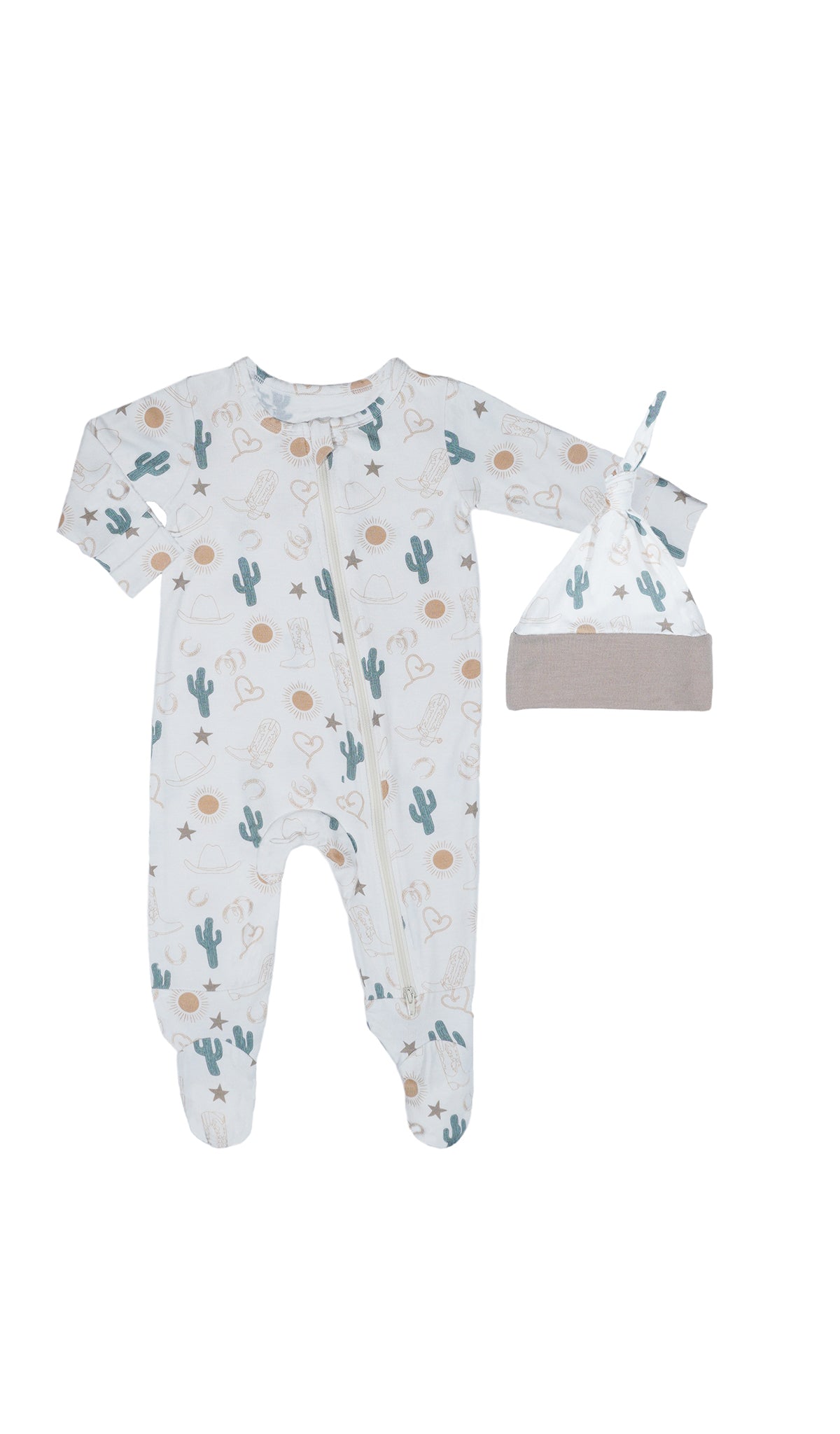 Rodeo Footie 2-Piece with long sleeves, zip front and matching knotted baby hat.