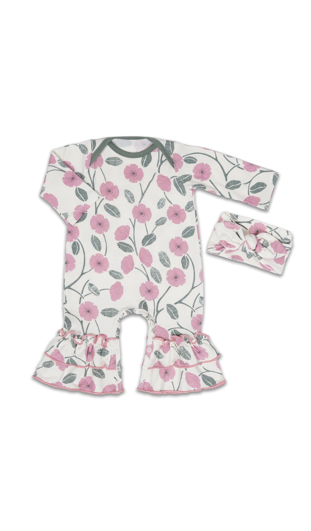 Honey Bloom Ruffle Romper 2-Piece. Flat shot of long sleeve romper with ruffles on legs and matching headwrap.