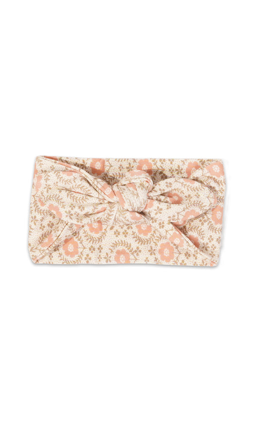 Bohemian Baby/Kids Headwrap. Flat shot with headwrap tied into a tie-knot bow.