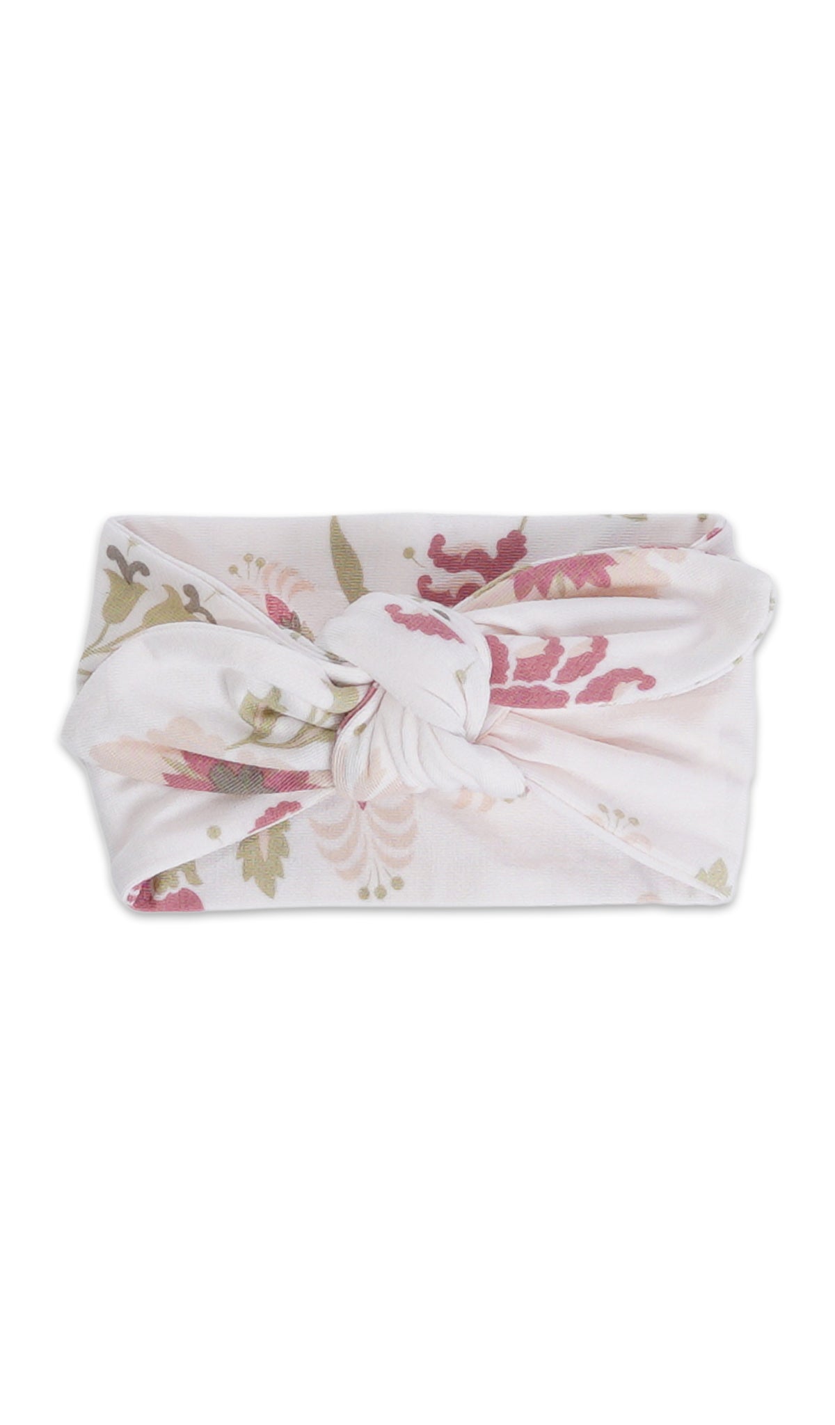 Cottage Floral Baby/Kids Headwrap. Headwrap flat shot with headwrap tied into a tie-knot bow.