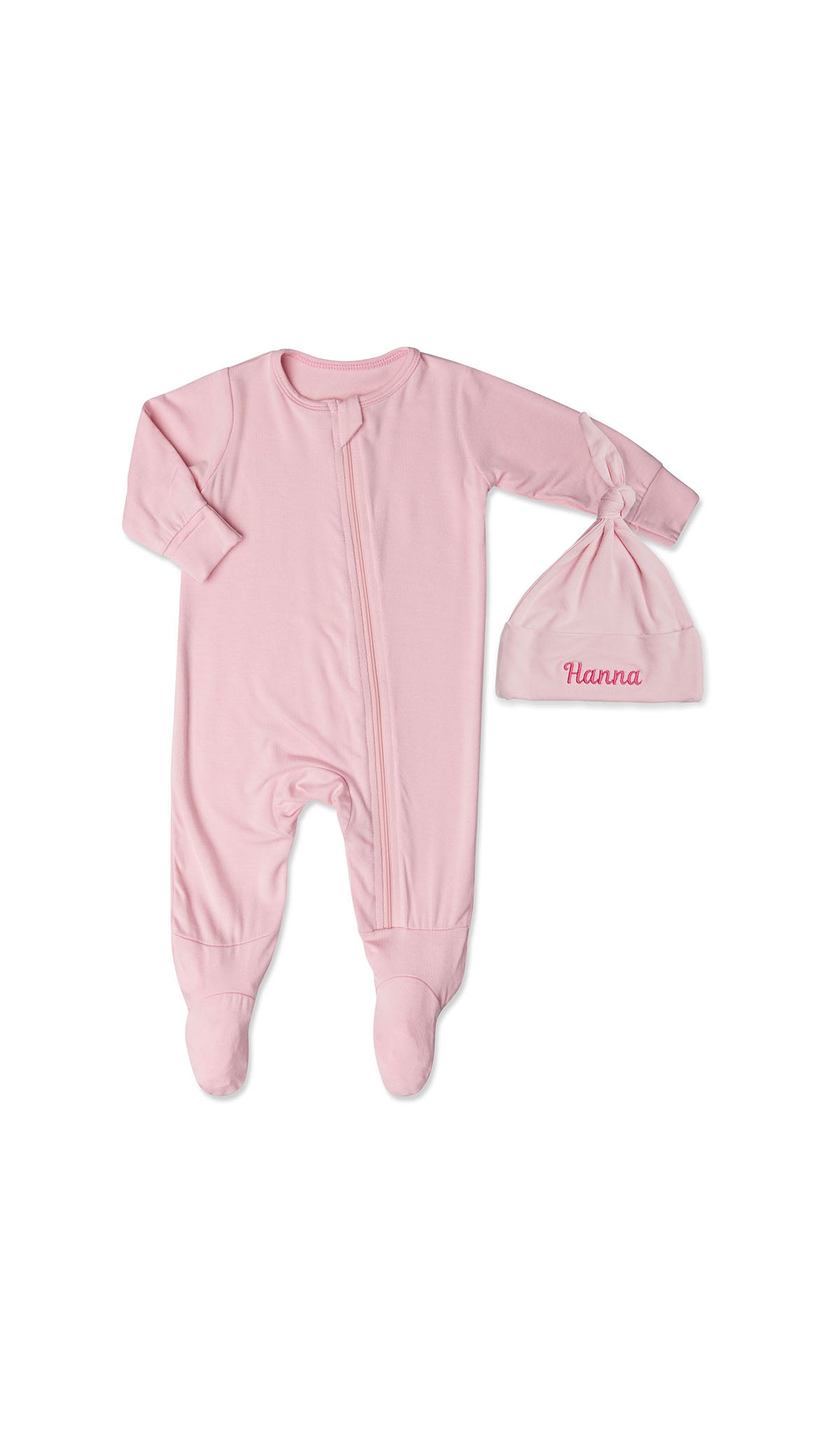 Personalized Footie 2-Piece - Blush comes with baby hat embroidered with baby's name.