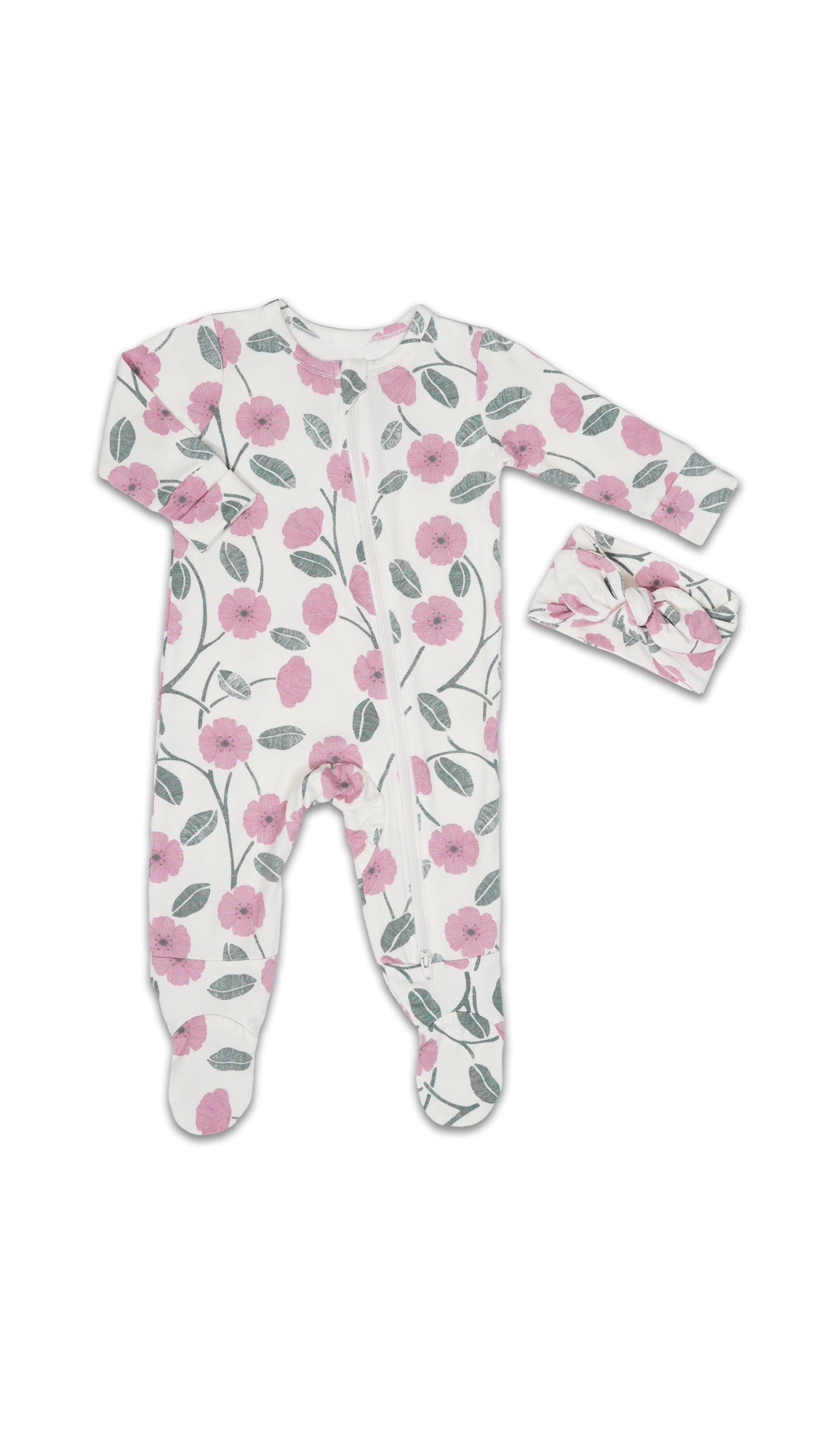 Honey Bloom Footie 2-Piece Set. Flat shot of zip front footie for baby with matching headwrap tied into a tie-knot bow.