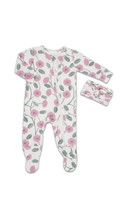 Honey Bloom Footie 2-Piece Set. Flat shot of zip front footie for baby with matching headwrap tied into a tie-knot bow.