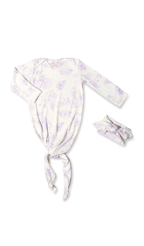 Bali Knotted Gown 2-Piece flat shot showing long sleeve baby gown with hem tied into a tie-knot bow and matching headwrap.
