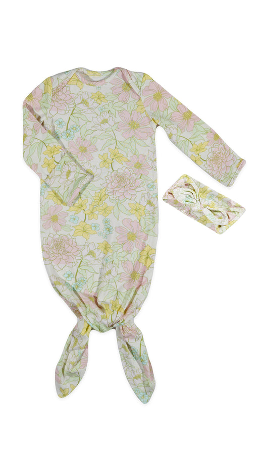 Begonia Knotted Gown 2-Piece flat shot showing long sleeve baby gown with hem tied into a tie-knot bow and matching headwrap.