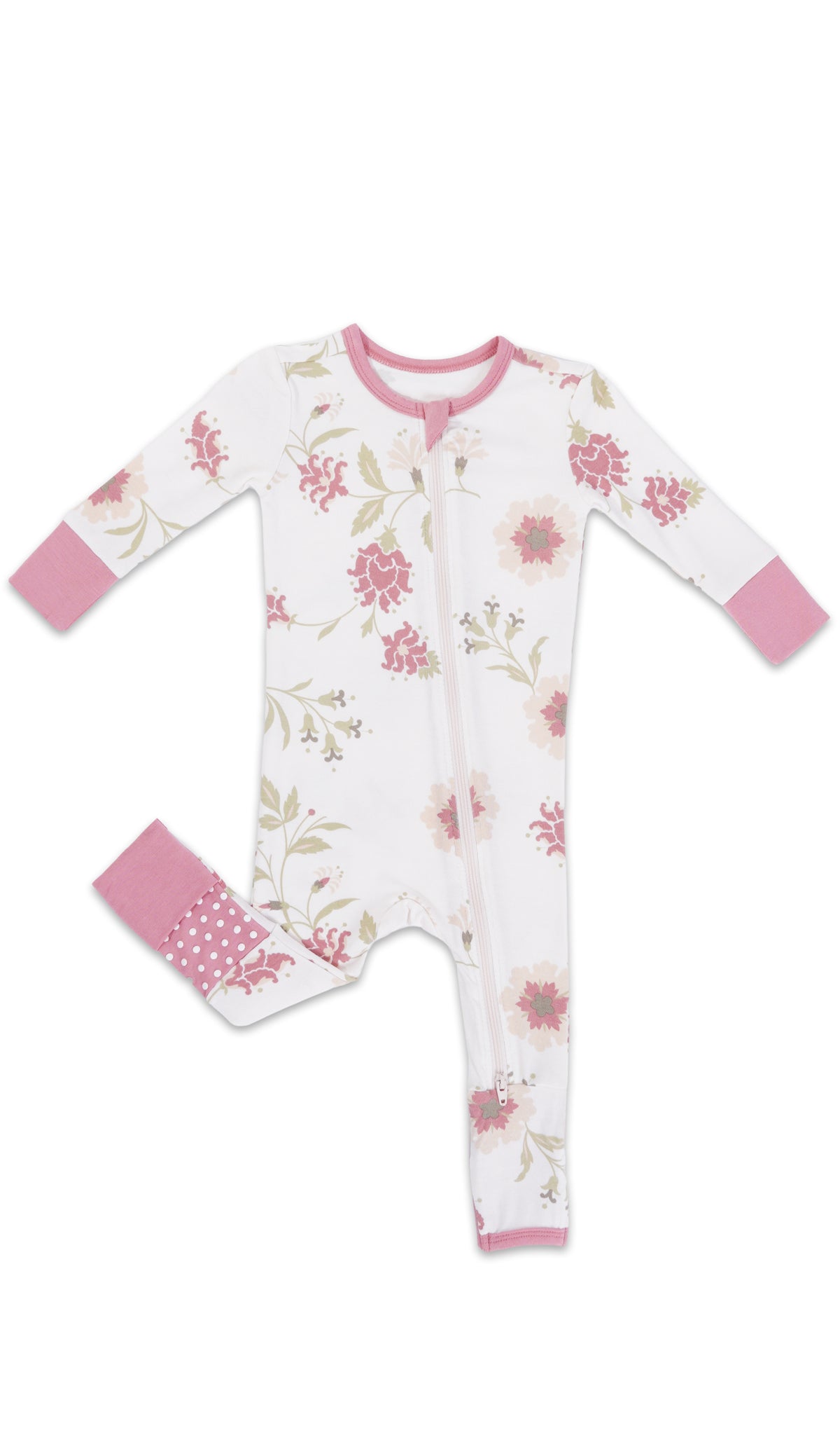 Cottage Floral Convertible Romper with long sleeves and zip front, one leg folded back to show the grippy sole on the footie.