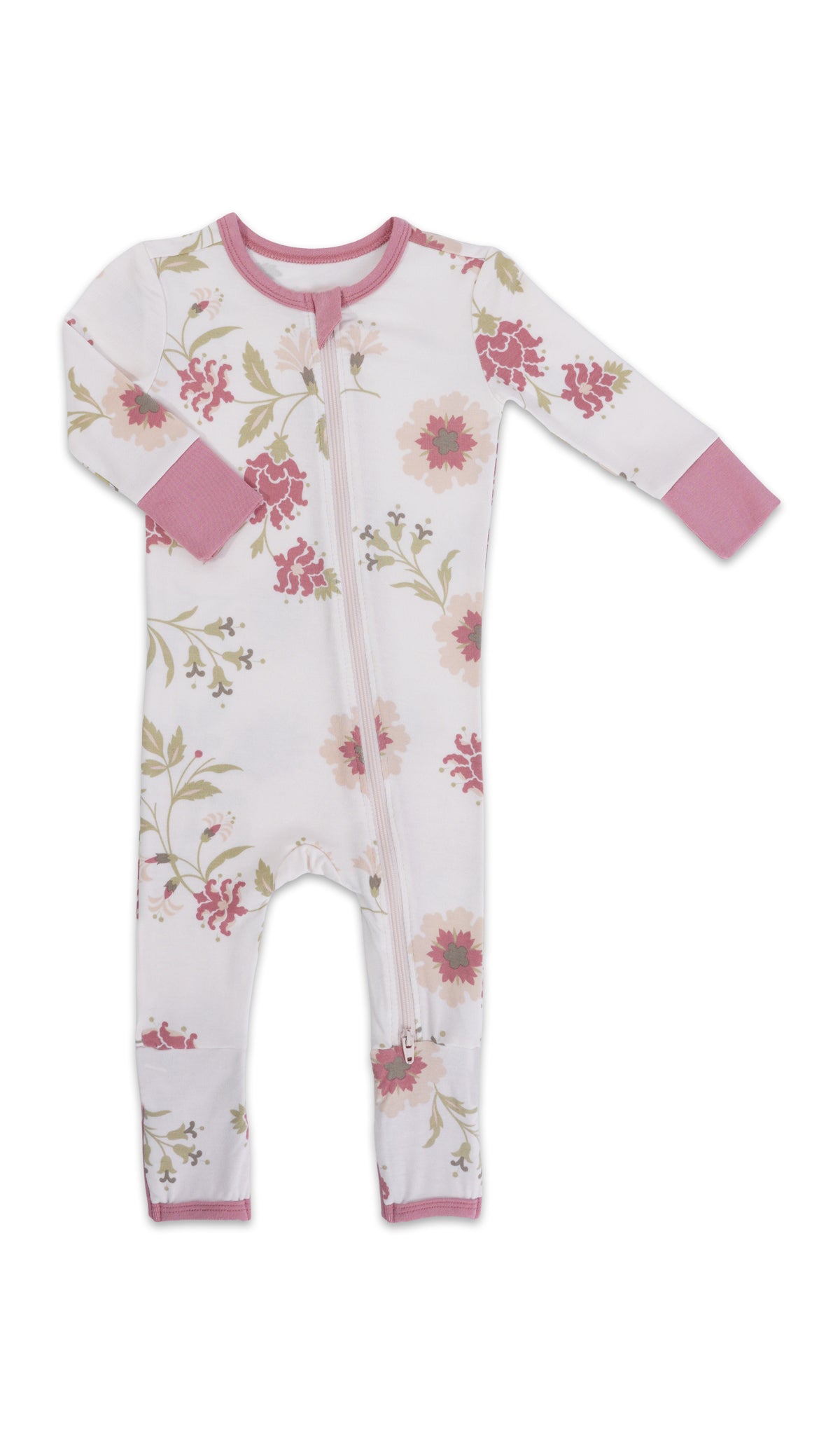 Cottage Floral Convertible Romper with long sleeves and zip front.