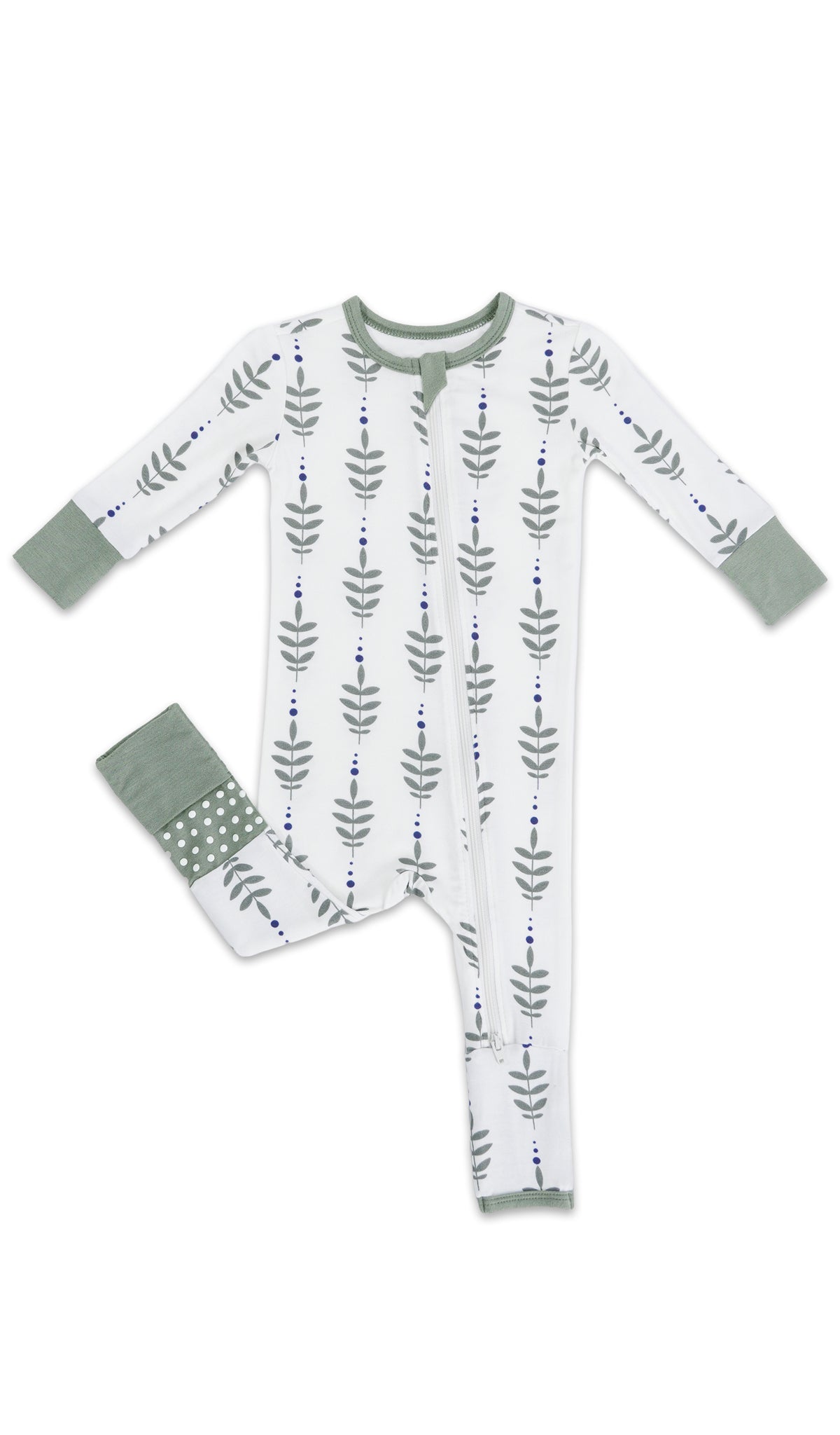 Eucalyptus Convertible Romper with long sleeves and zip front, one leg folded back to show the grippy sole on the footie.