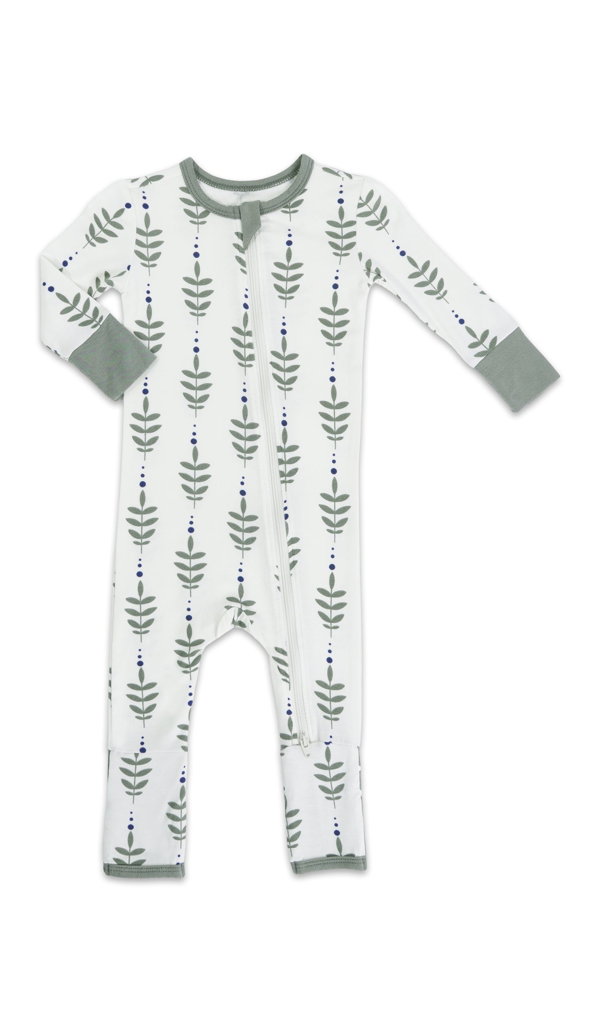 Eucalyptus Convertible Romper with long sleeves and zip front.