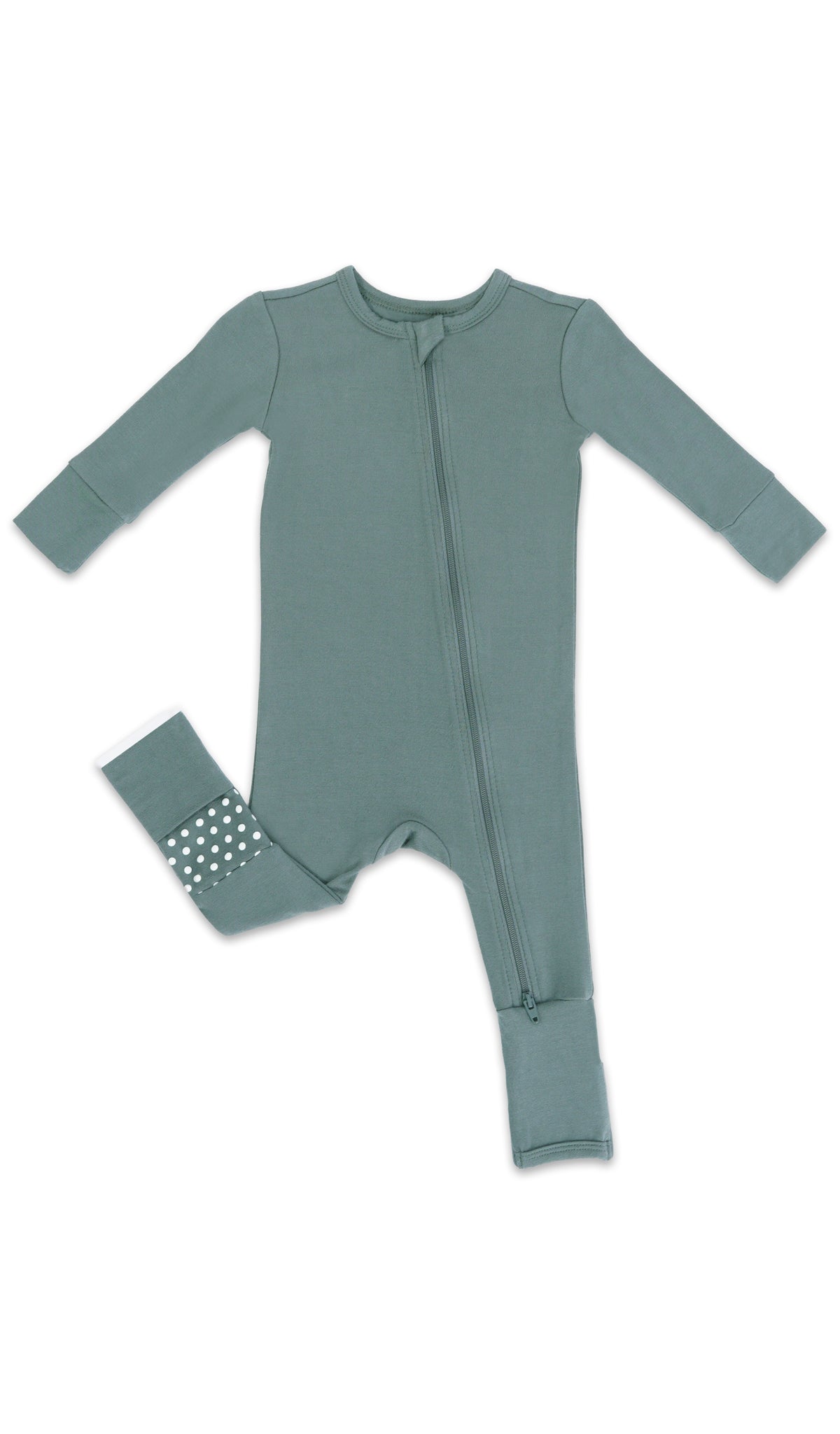 Fog Convertible Romper with long sleeves and zip front, one leg folded back to show the grippy sole on the footie.
