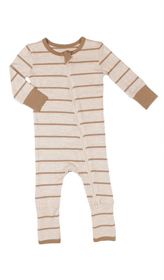 Mocha Stripe Convertible Romper with long sleeves and zip front.