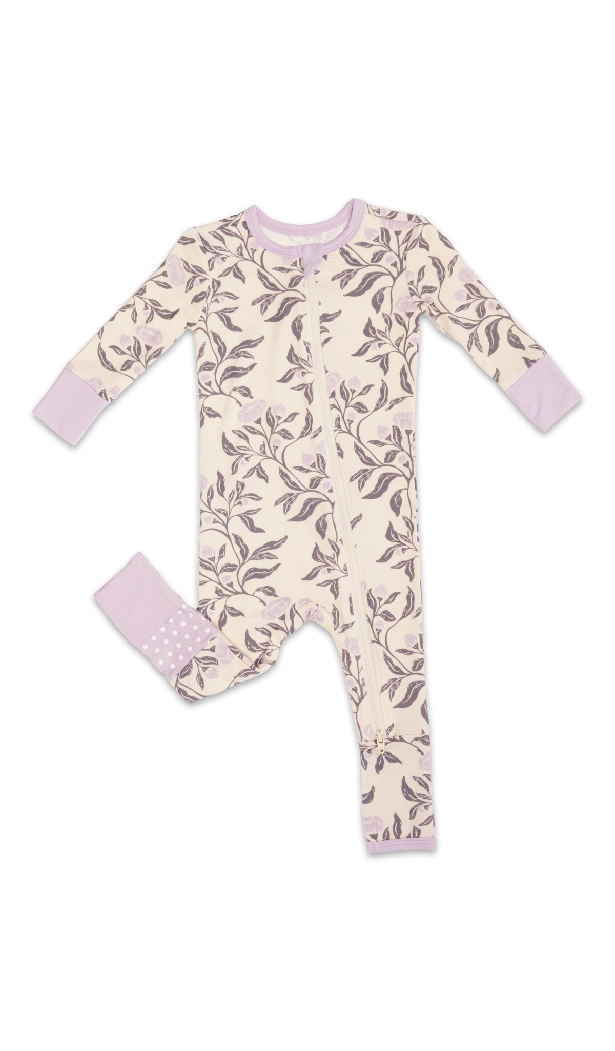 Poppy Convertible Romper with long sleeves and zip front, one leg folded back to show the grippy sole on the footie.