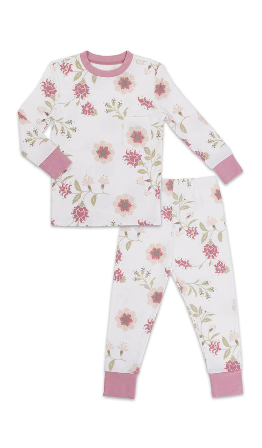 Cottage Floral Emerson Kids 2-Piece Pant PJ. Long sleeve top with cuff trim and long pant with cuff trim.